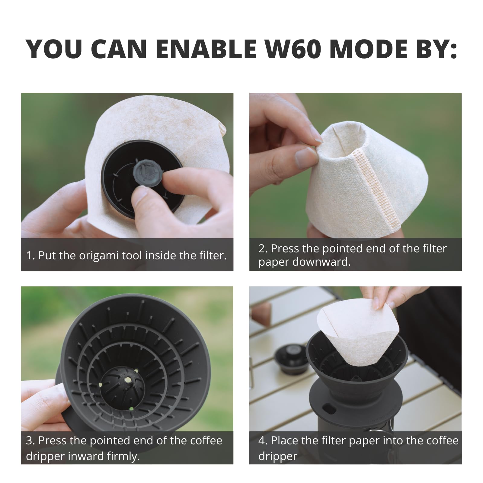 Vandroop Juego de cafetera para camping, juego de viaje V60, gotero de café de silicona plegable, 2 tazas portátiles de acero inoxidable, con 10 filtros de papel V60 (color negro, para 2-3 personas)