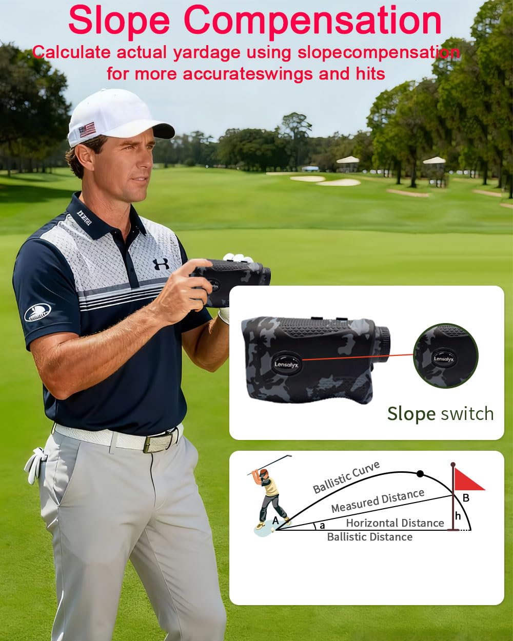 Télémètre de golf avec pente – Télémètre laser de 1 200 m avec verrouillage du drapeau, grossissement 7x, verrouillage du mât avec vibration d'impulsion, rechargeable, bande magnétique