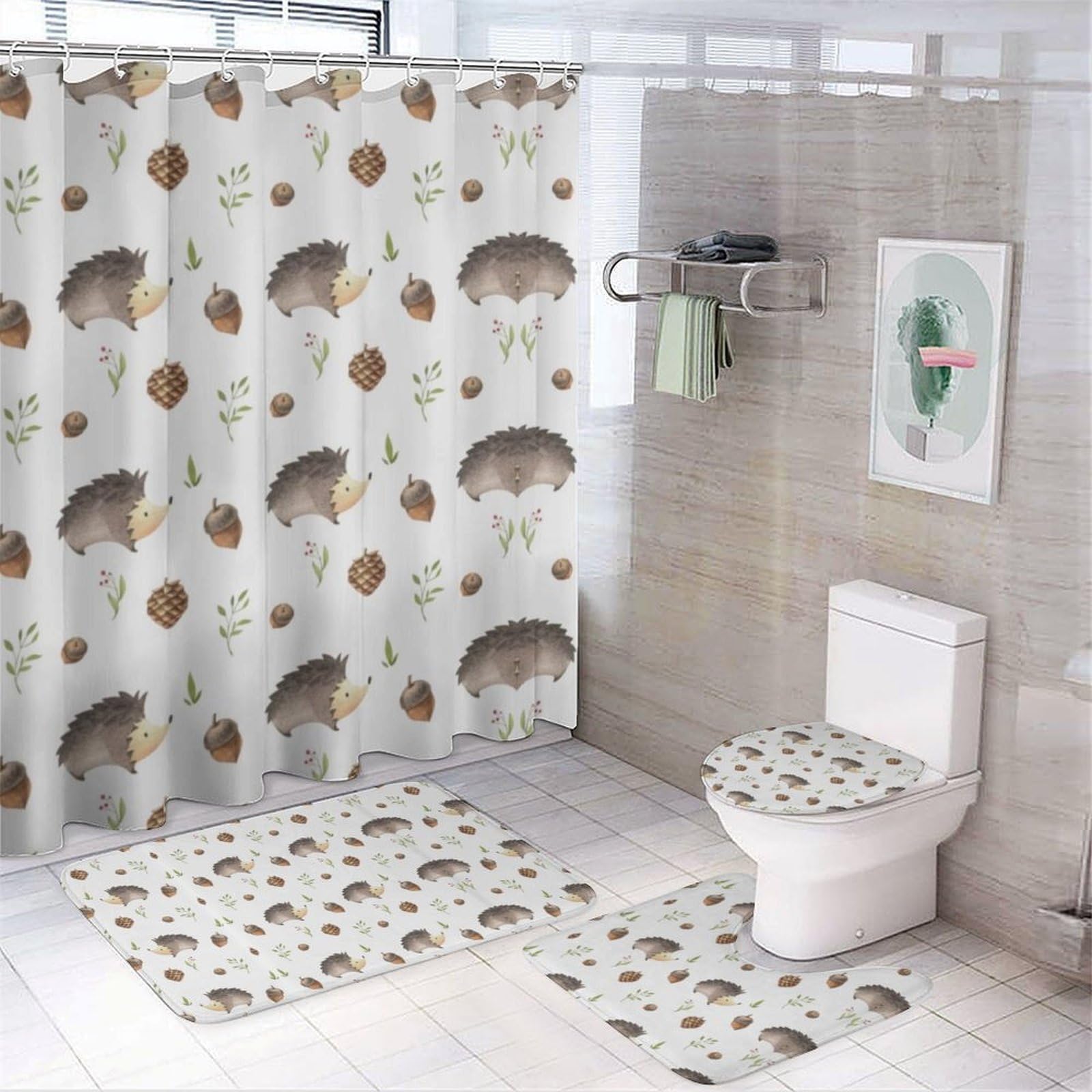 JiuPopular Bathroom Mat Set 4 Piece, Hedgehog Shower Curtain with Non-Slip Bath Mats for Bathroom