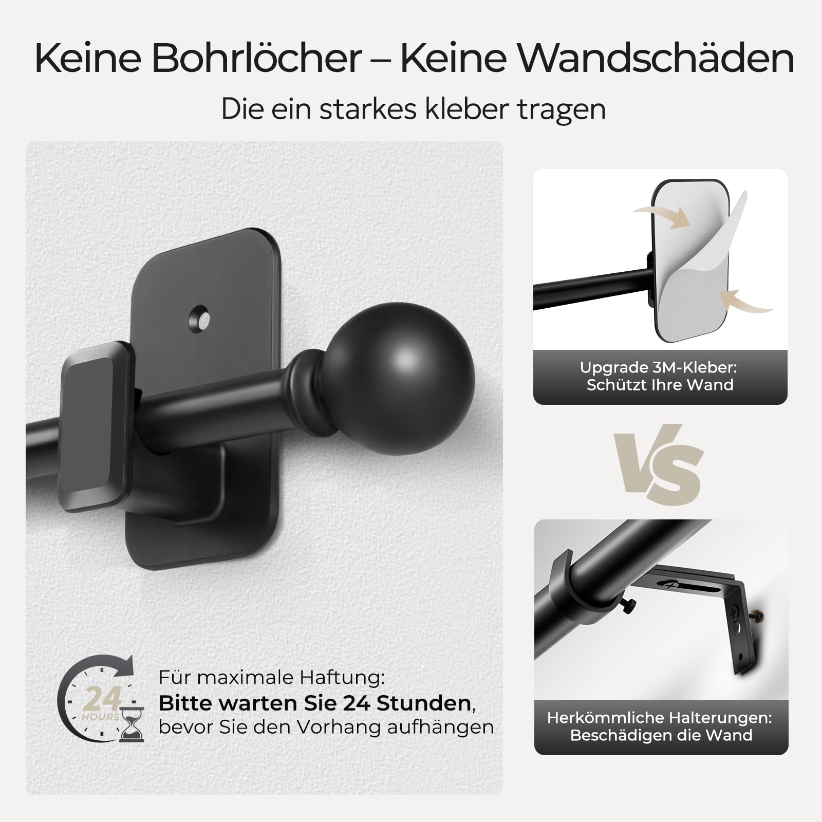 Tringle à Rideaux Sans Perçage 81-218 cm, Barre Extensible Noire Diamètre 16 mm, Supports Adhésifs Sans Trous, Idéal pour Locataires et Installation Temporaire