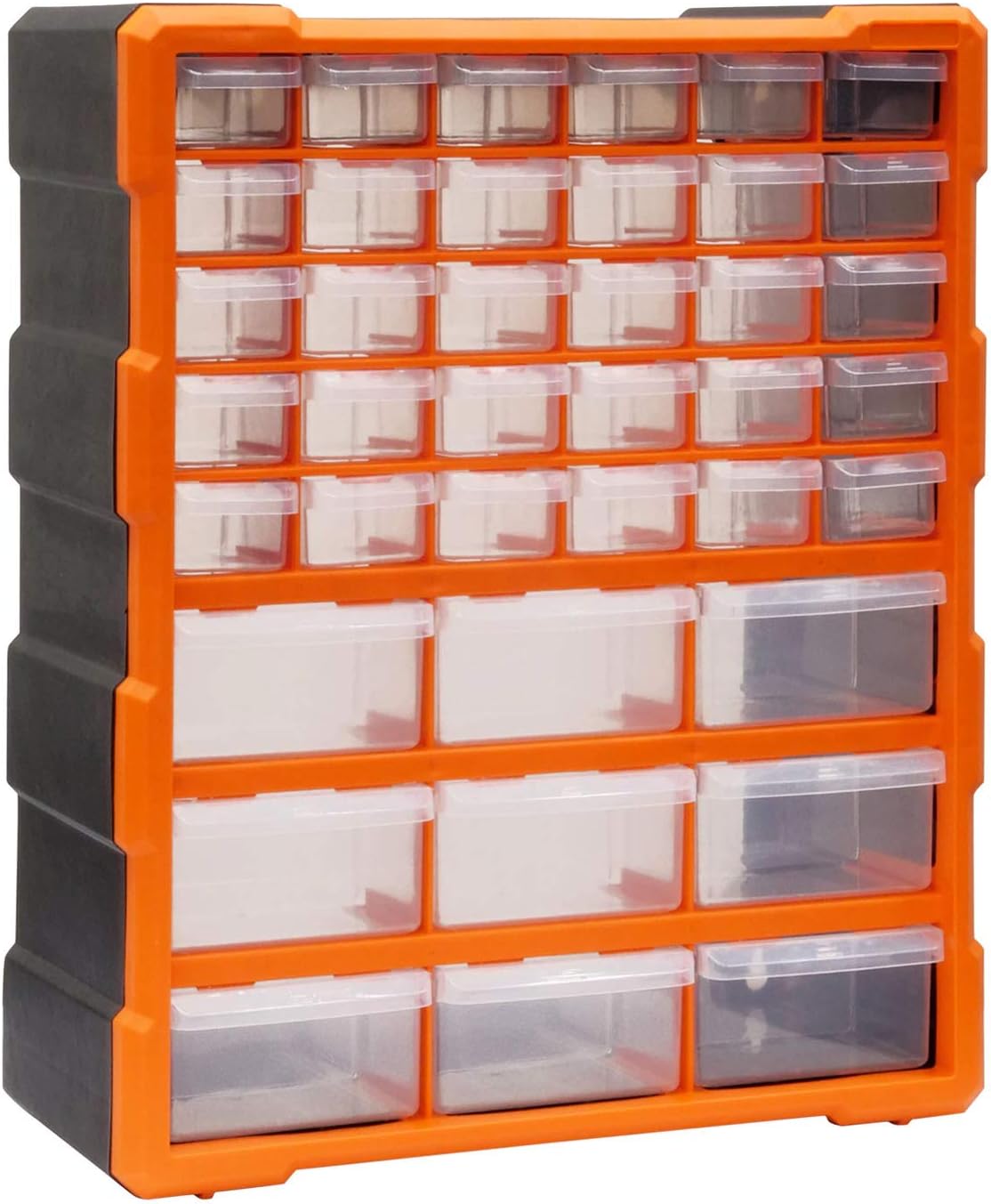 39 Drawer Organiser for DIY Tool Bits Plastic Storage Units - Workshop Screws and Small Parts Cabinet or Office Stationary Craft Box Black/Orange