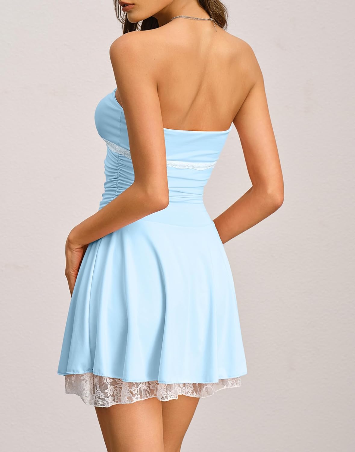 Women's Sexy Strapless Tube Ruched Wasit Ruffle Hem Swing A-Line Party Mini Dress