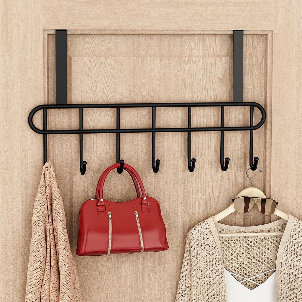 Over-The-Door Hook (Pack of 1), Heavy-Duty Over Door Hanger Holder for Coat Hanging, Robe, Hat, Clothes, Towels, Bathroom Organiser, Towel Rack, 7 Hooks, Matte Black