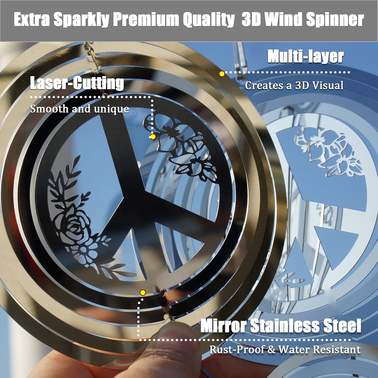 12Pcs Bird Scare Discs Set Reflective 3D Stainless Steel Wind Spinner Outdoor Garden Hanging Decor Bird Devices Deterrent Reflector to Scare Bird Away from Yard Patio Farm (Love & Peace)