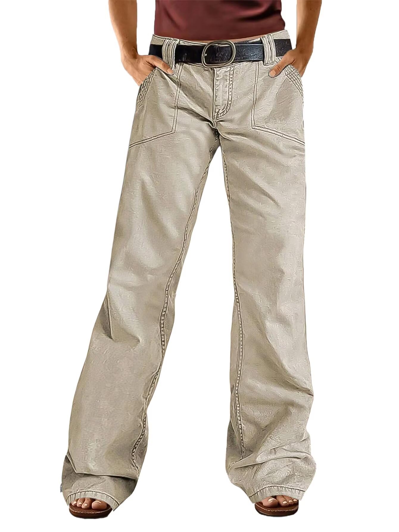 Flamingals Wide Straight Leg Pants for Women Casual Mid Waist Flap Pocket Seam Front Bootcut Work Pants Without