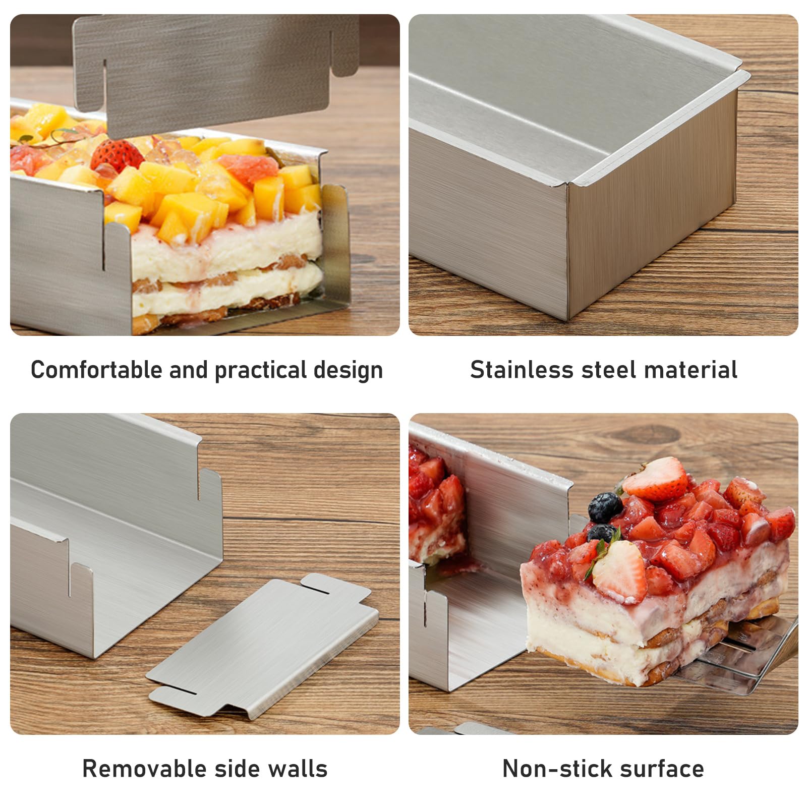 Moule à tiramisu en acier inoxydable - Rond - Rectangulaire - Réglable - En acier inoxydable - Anti-adhésif - Couvercle transparent - Fond amovible - Pour la maison et la restauration - 40 x 10 x 6 cm