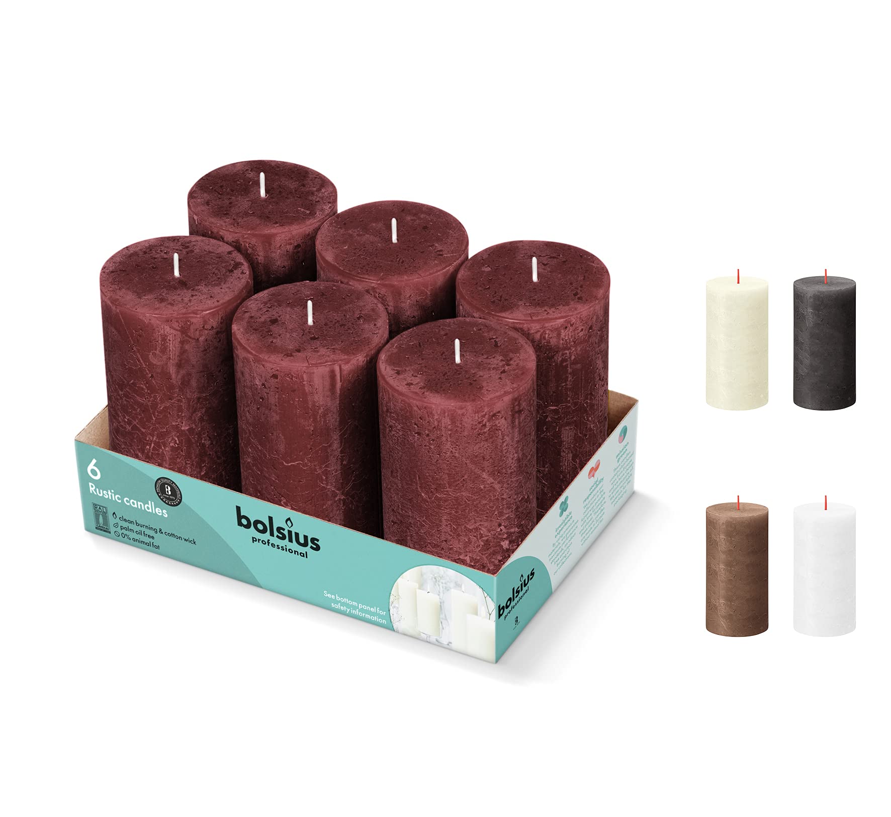 BOLSIUS 6 Pack Velvet Red Rustic Pillar Candles - 2.75 X 5 Inches - Premium European Quality - Includes Natural Plant-Based Wax - Unscented Dripless Smokeless 60 Hour Party and Wedding Candles