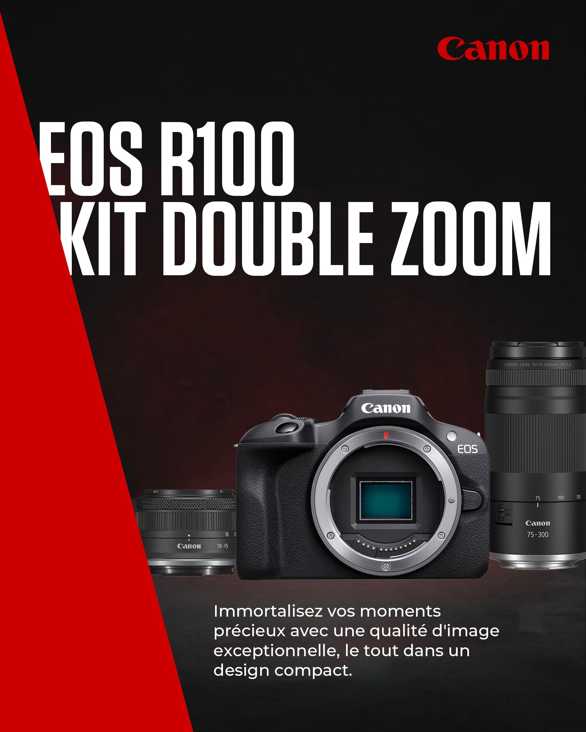 Canon EOS R100 Appareil Photo avec Objectif RF-S 18-45mm + RF 75-300mm Kit Double Zoom, Appareil Photo Hybride APS-C, Autofocus CMOS Dual Pixel, Vidéo 4K, Prise de Vue en Continu Jusqu’à 6,5 IPS