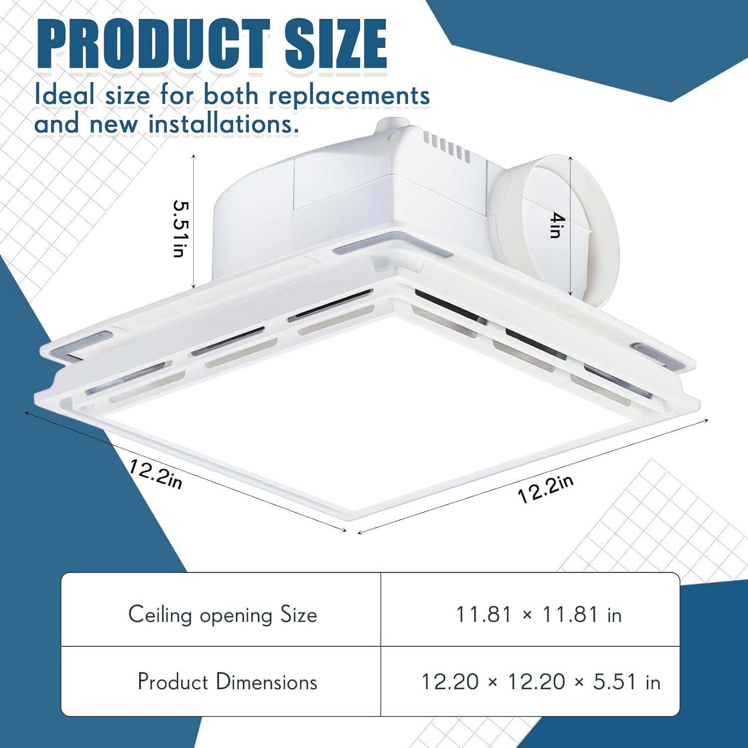 Nuanchu 2 Pack 12.2" Bathroom Exhaust Fan with Light, 110 CFM Quiet 1.0 Sone, Mounting Opening 11.81 x 11.81 Inch Shower Ceiling Mount Vent Fan Lights Combo for Home Office
