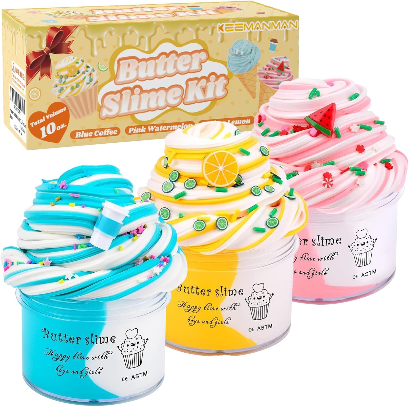 Keemanman Butter Slime Kit 3 Pack with Watermelon, Latte and Lemon Charms, Cool Preppy Stuff, Cute Stress Relief Toys and Birthday Gifts Ideas for Girls and Boys, Scented Aesthetic Stuff for Kids