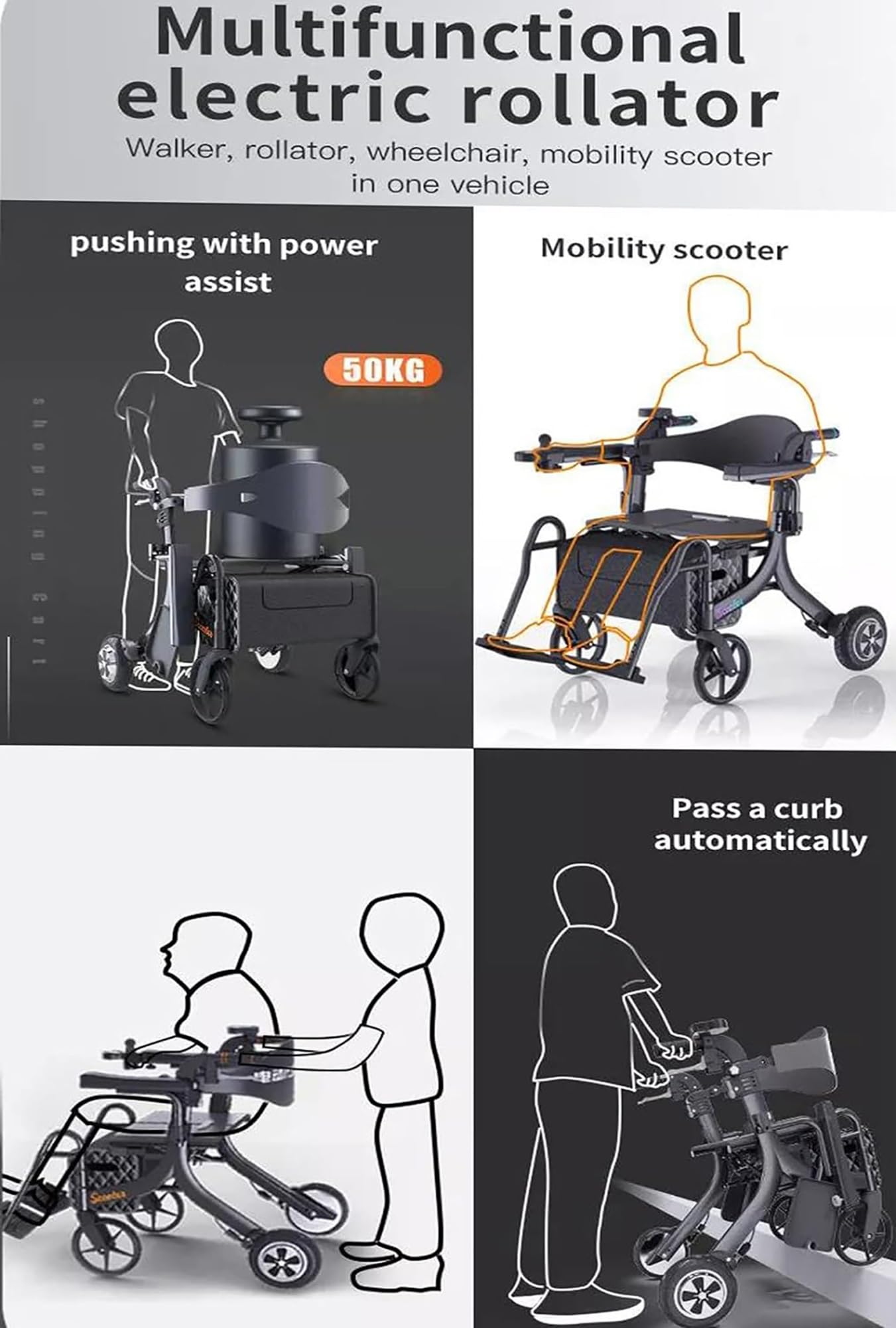 Andador para Ancianos 4 Ruedas Eléctrico, Andador Rollator con Asiento 3 en 1 Andador Multifuncional para Transporte de Personas Mayores, Silla de Ruedas Eléctrica Plegable Light Battery Trolley