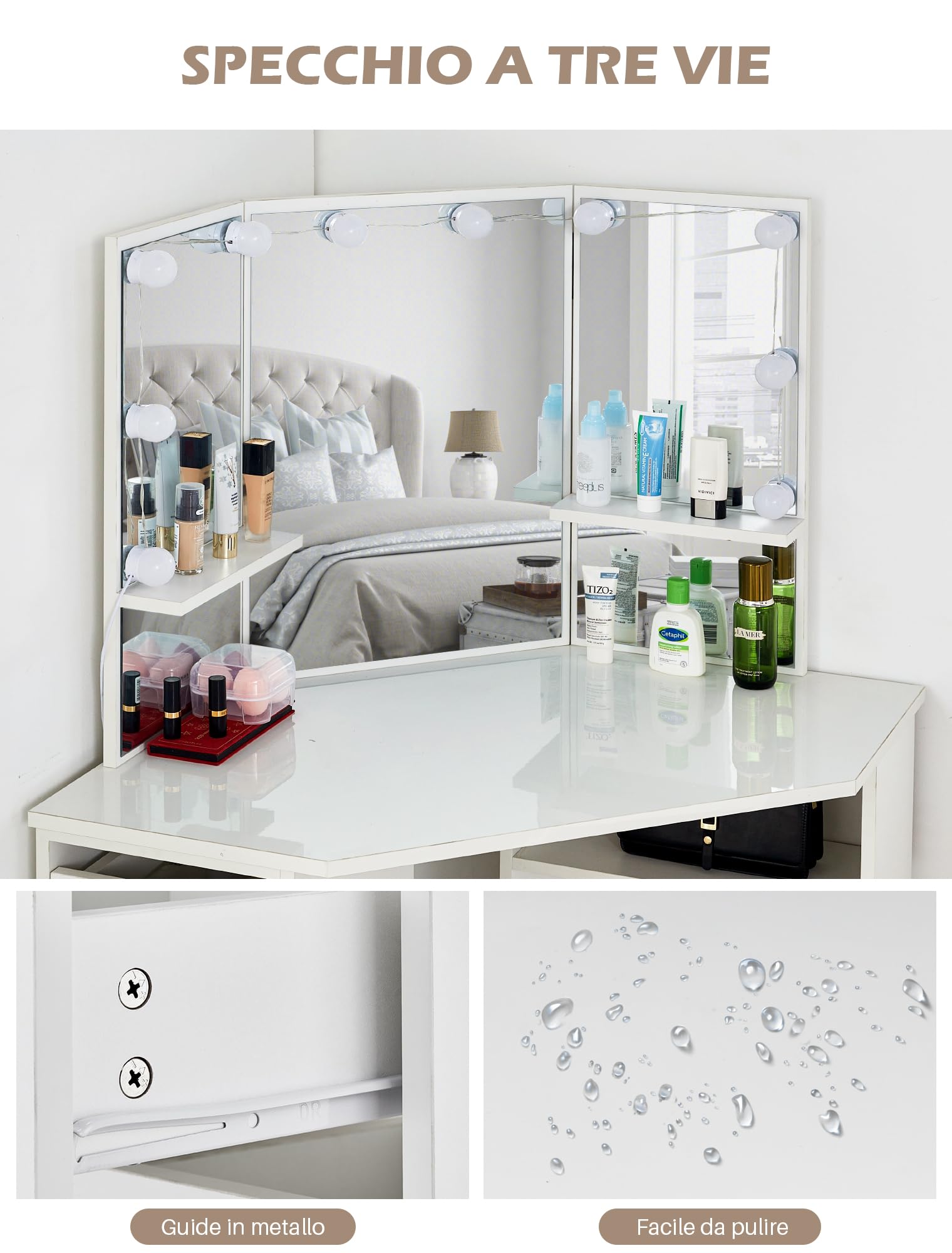 TUKAILAi Toeletta con Specchio Tre Lati, Toeletta da Trucco Moderno con Luci LED y Sgabello, Tavolo da Trucco Angolare Bianco con 5 Cassettis e 2 Mensole Aperte 114 * 61 * 140cm Camere da Letto