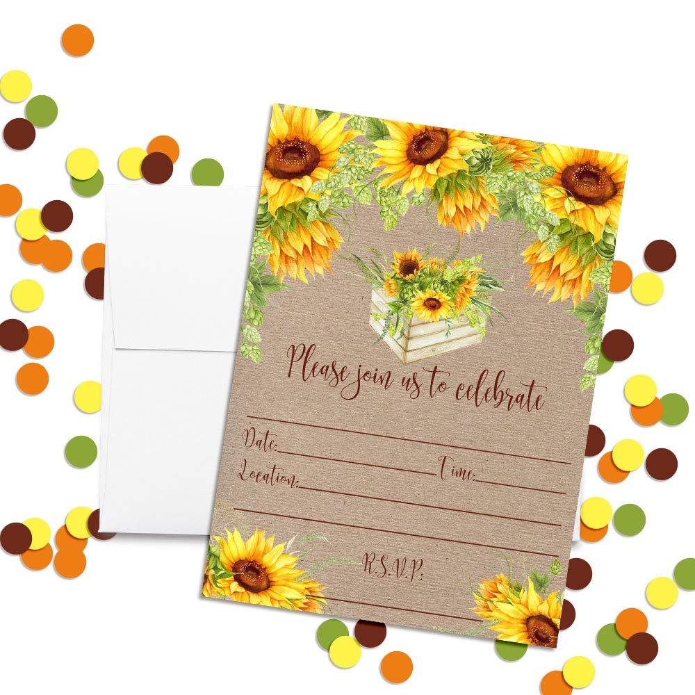 Rustic Fall Watercolor Sunflowers Party Invitations, 20 5x7 Fill In Cards with Twenty White Envelopes by AmandaCreation