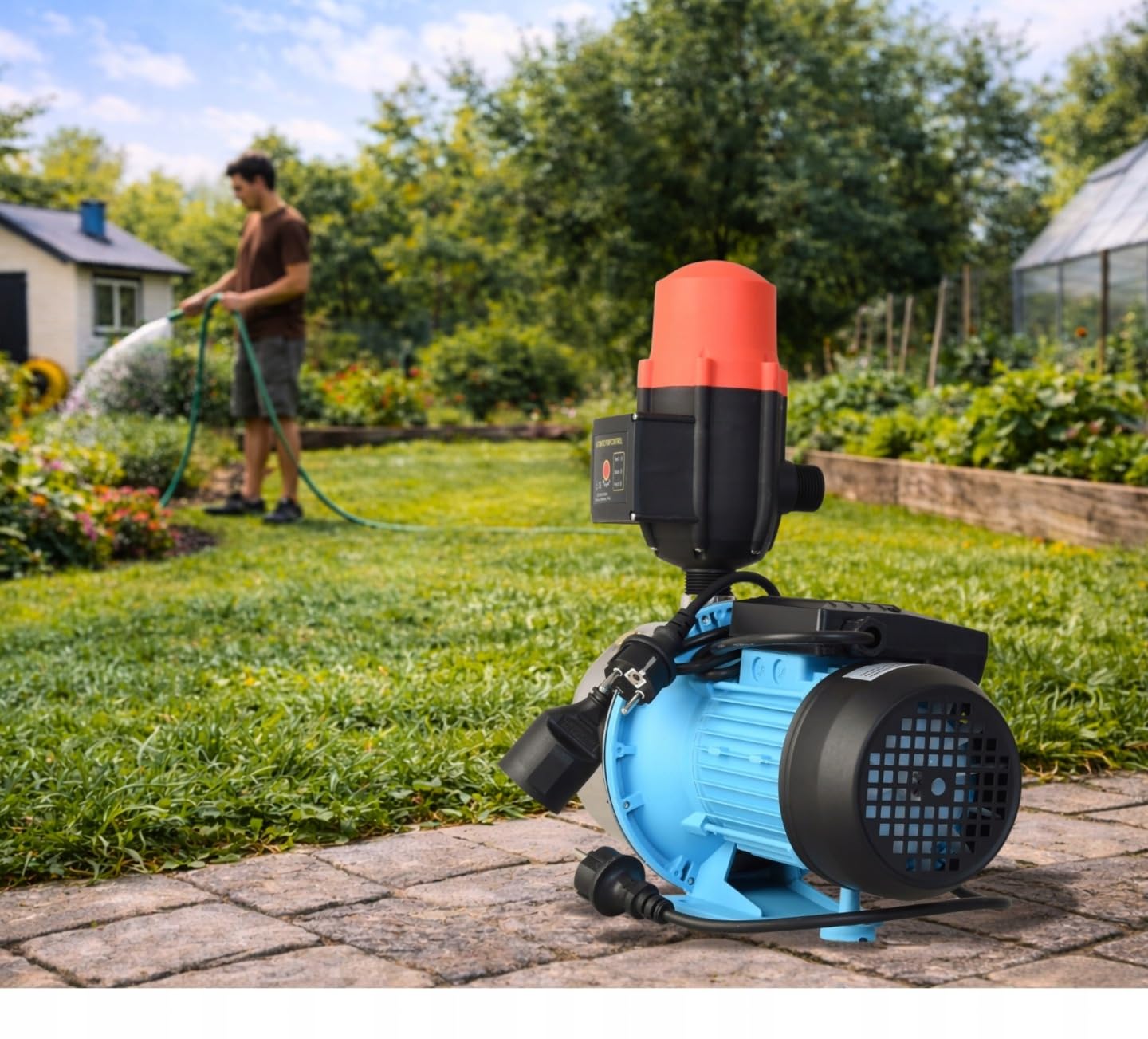 Pompe à Eau JX 1100 avec Pressostat CSK 21 - Pompe d’arrosage INOX (1100 W, 3600 l/h, hauteur de Refoulement 50 m) - Commande de Pompe - Marche/Arrêt automatiques - Protection Fonctionnement à Sec
