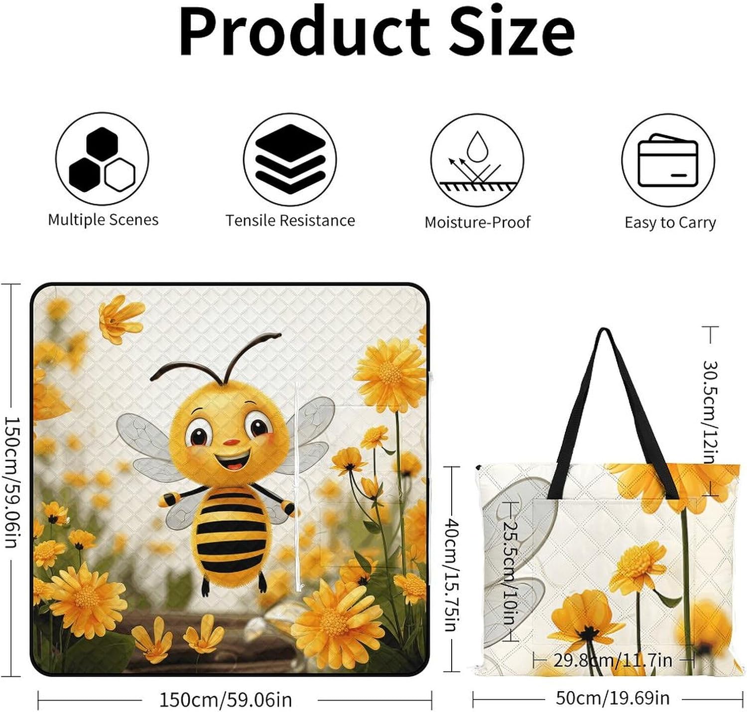 Extra Large Picnic Outdoor Cute Bees Daisy Flower Printed Each Blanket Sand Proof Foldable Blankets for Camping Or Travel