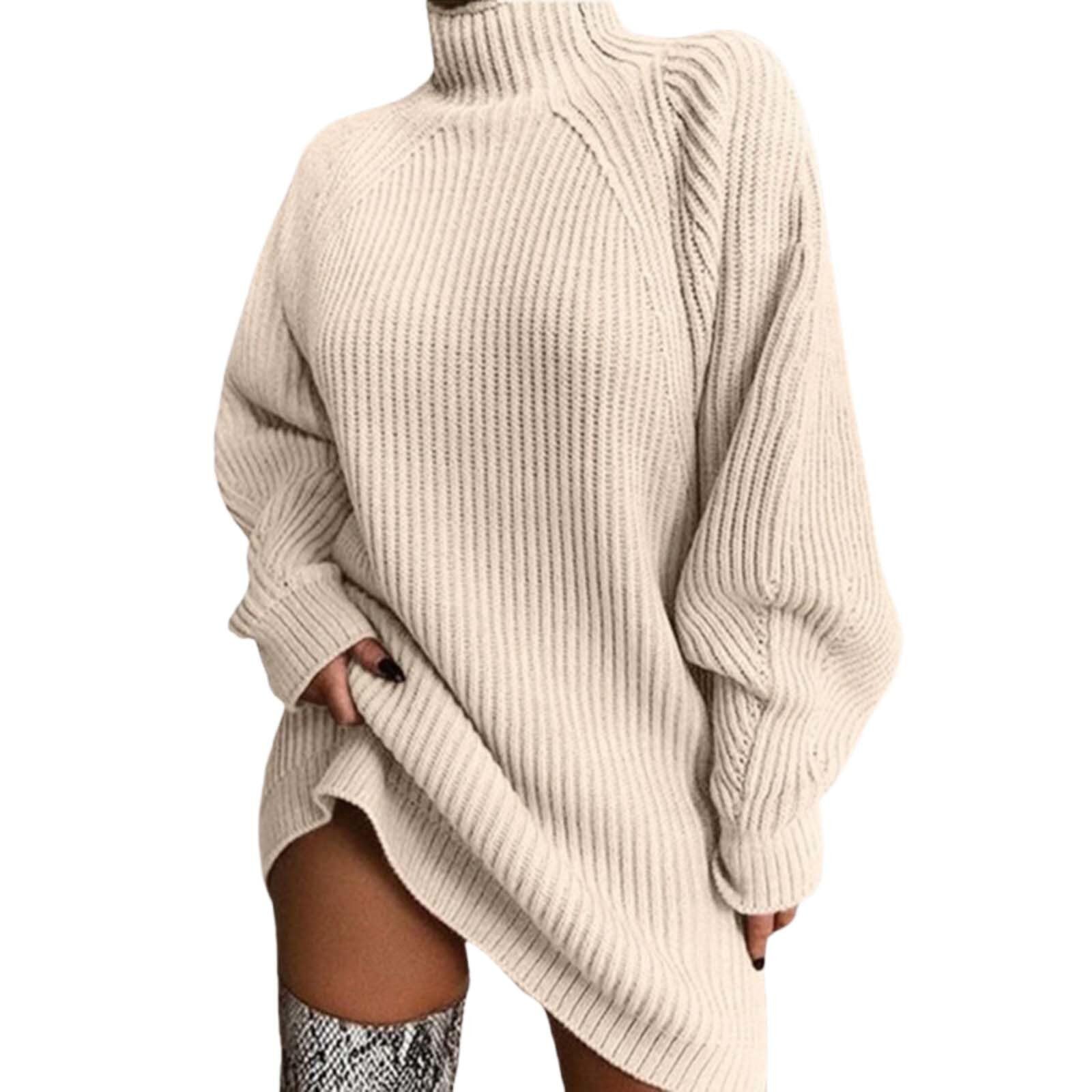 Turtleneck Sweater Dress for Womens Fall Casual Oversized Long Sleeve Ribbed Knit Pullover Mini Dress