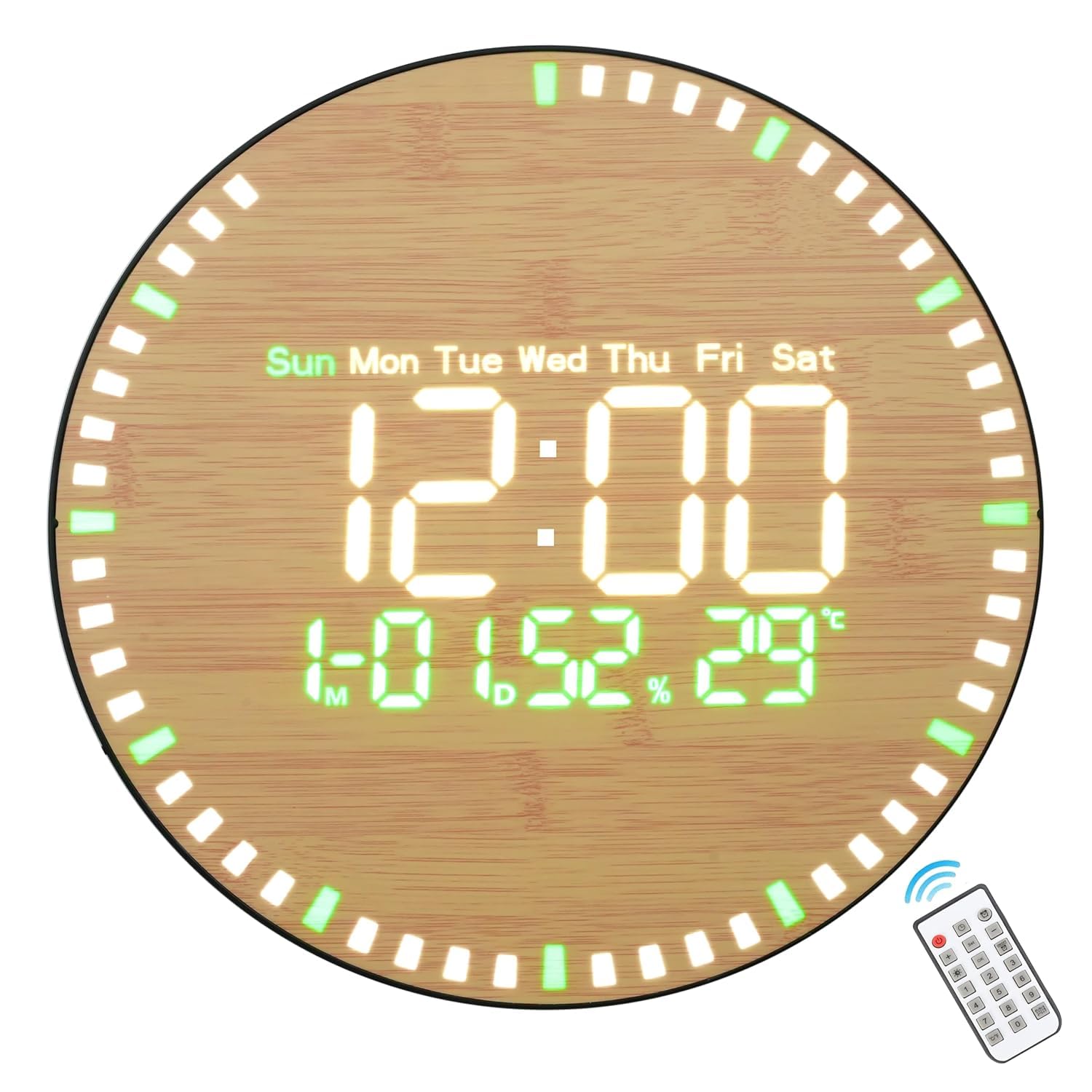 Wooden Design Digital Wall Clock with Remote Large LED Display Alarm Indoor Silent Modern Wall Clock for Home Displaying Time/Date/Temperature/Day of The Week in Two Colors (Round)-image-13