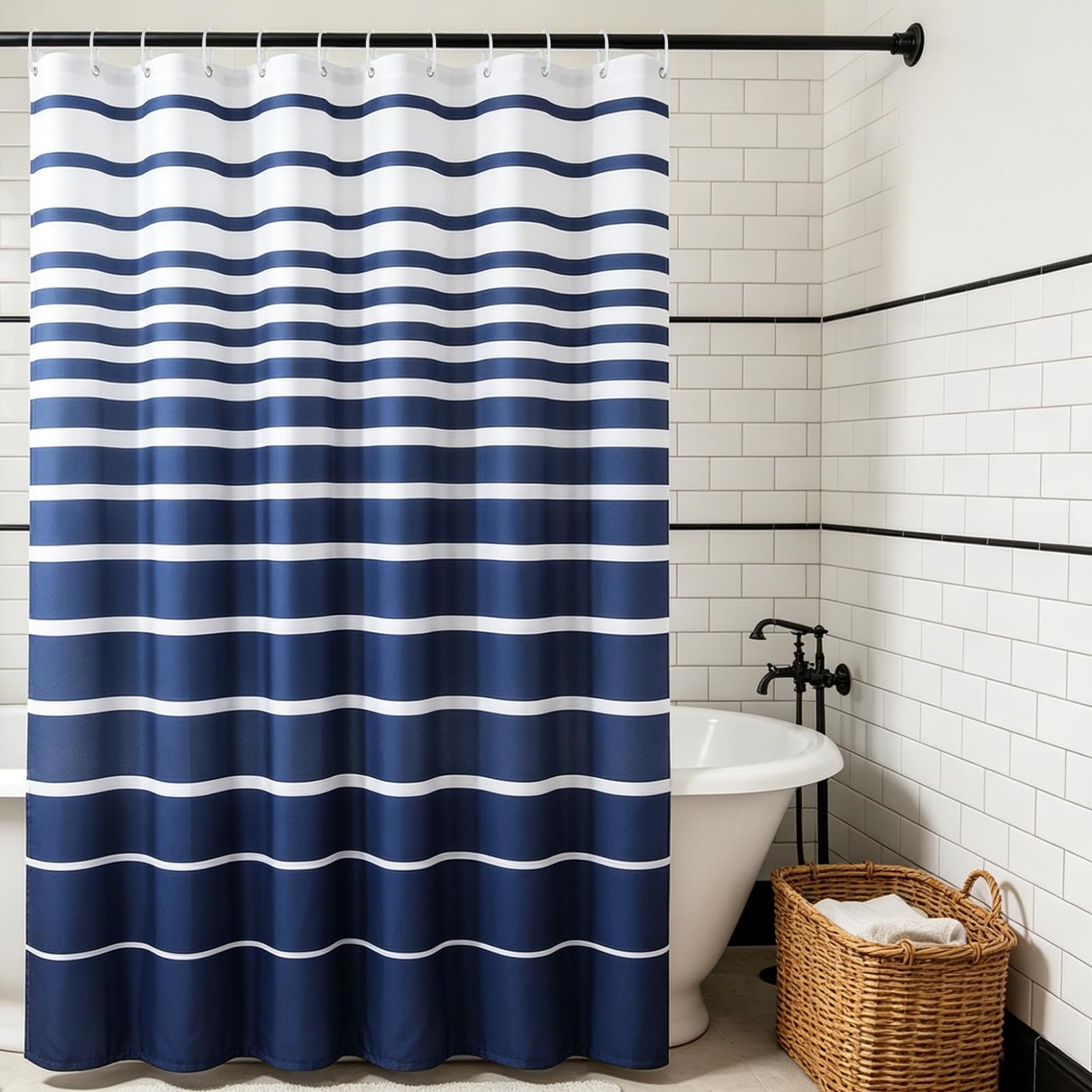 Extra Long Shower Curtain, 200 x 200cm Shower Curtain in Blue and White, Waterproof & Mould Resistant, Weighted Hem and Machine Washable