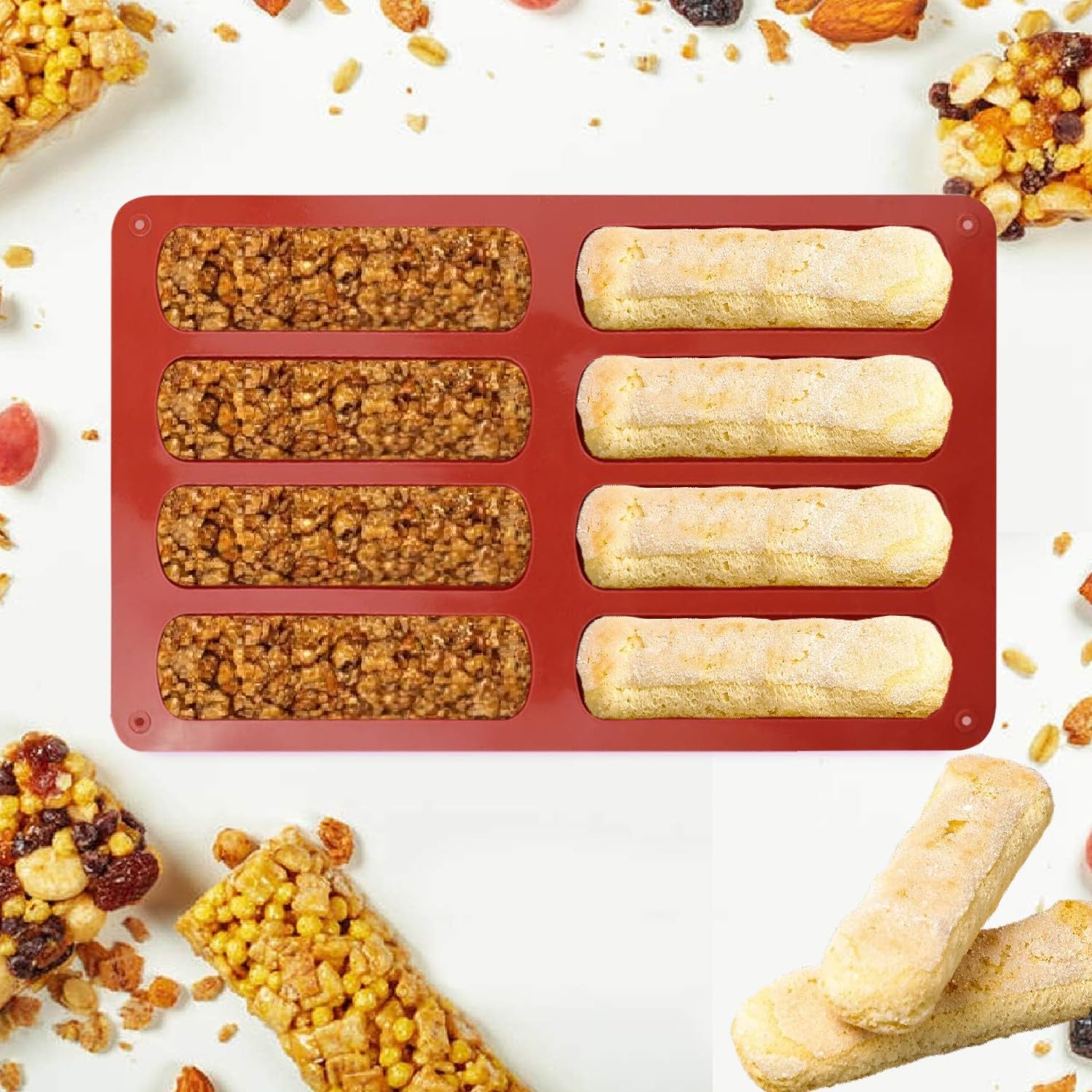 Molde de silicona para galletas de dedos, paquete de 2 moldes con forma de dedo de 8 cavidades, barras de granola, molde rectangular para hornear barras energéticas, barra de chocolate, pan,