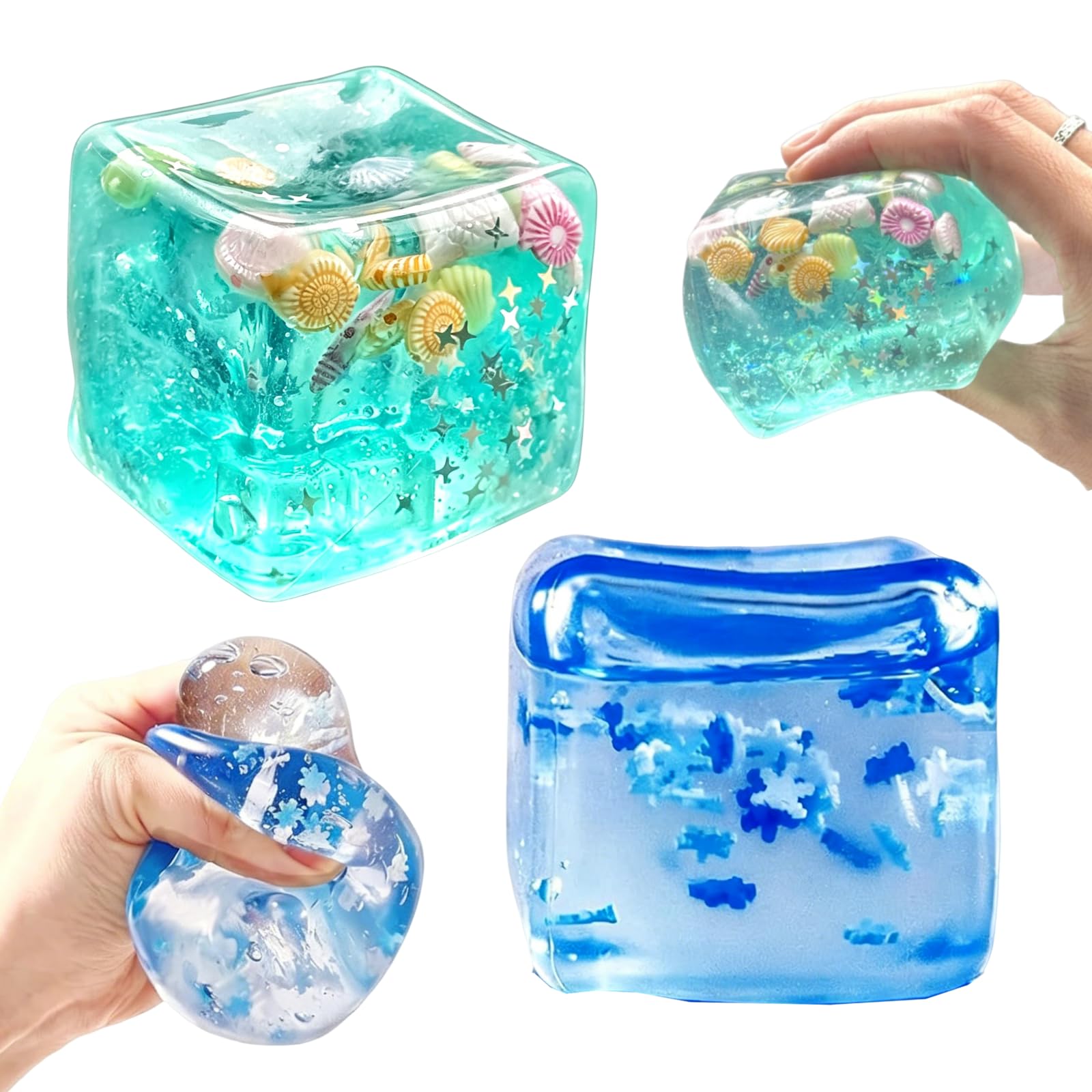2 Pack Squishy Glitter Stress Balls Snowflake Seashell Design Soft Squeeze Sensory Relief Gadgets Cute Desk Decor for Adults for Friends and Colleagues — image 1