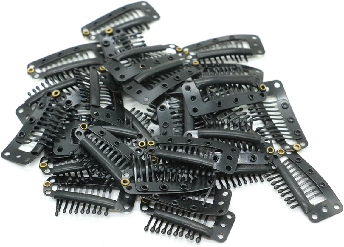 HUELE 30pcs Clip in Hair Extensions, Snap-Comb Wig Clips with Rubber for Hair Extension Black (Black)
