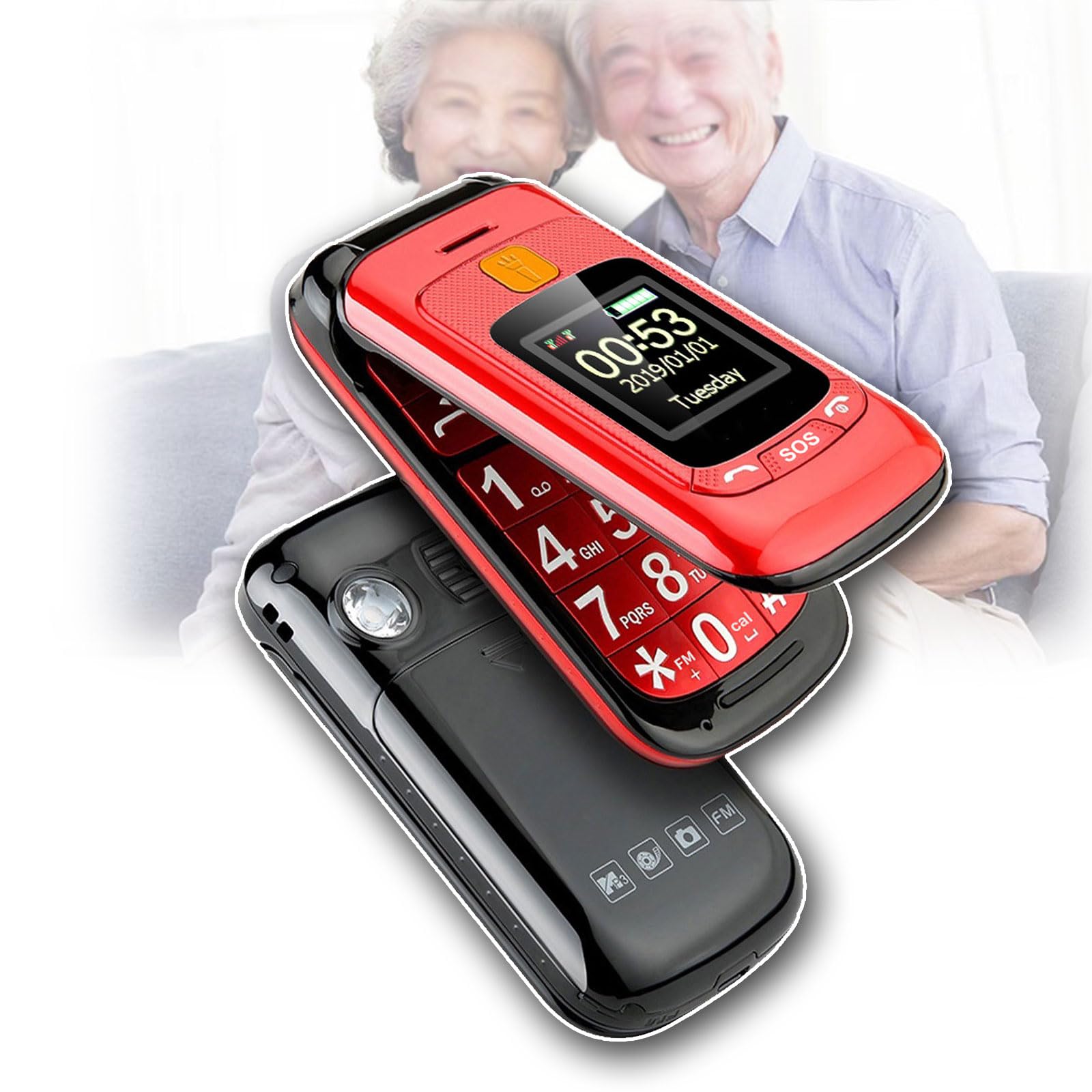 Téléphone portable rabat grand écran double SIM rouge avec touches gros boutons