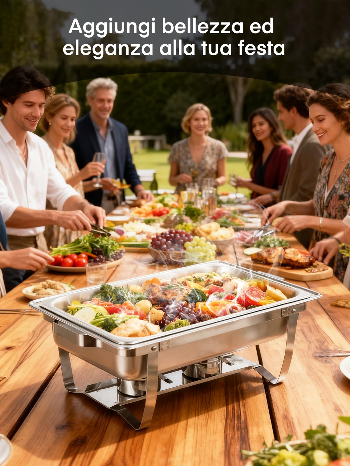 Scaldavivande per Buffet in Acciaio Inox, 4 Pezzi Chafing Dish Buffet, 9L Scaldavivande Rettangolare con Coperchio, per Catering, Feste, Buffet, Matrimoni (2×GN1/1+2×GN1/2+4×GN1/4)