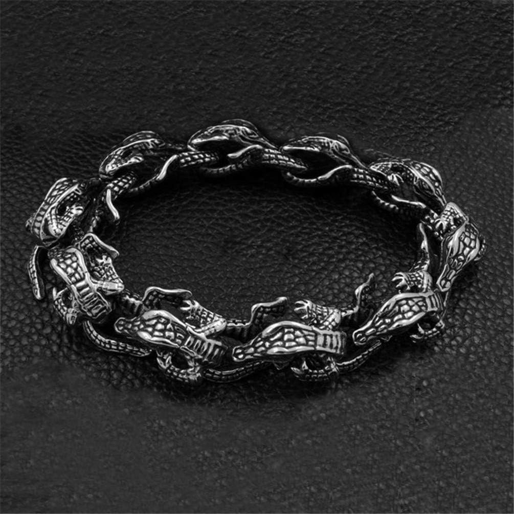 PAMTIER Men's Stainless Steel 23.5CM Length Vintage Punk Personality Crocodile Biker Bangle Bracelet Lizard Animal Charm Silver Black