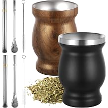 2 PCS Yerba Mate Cups with Spoon, Straw, Brush Accessories, 8 Oz Stainless Steel Double Wall Mate Cup Set, Solid Yerba Mate Cups, Black and Wood Grain Finish, Easy to Clean