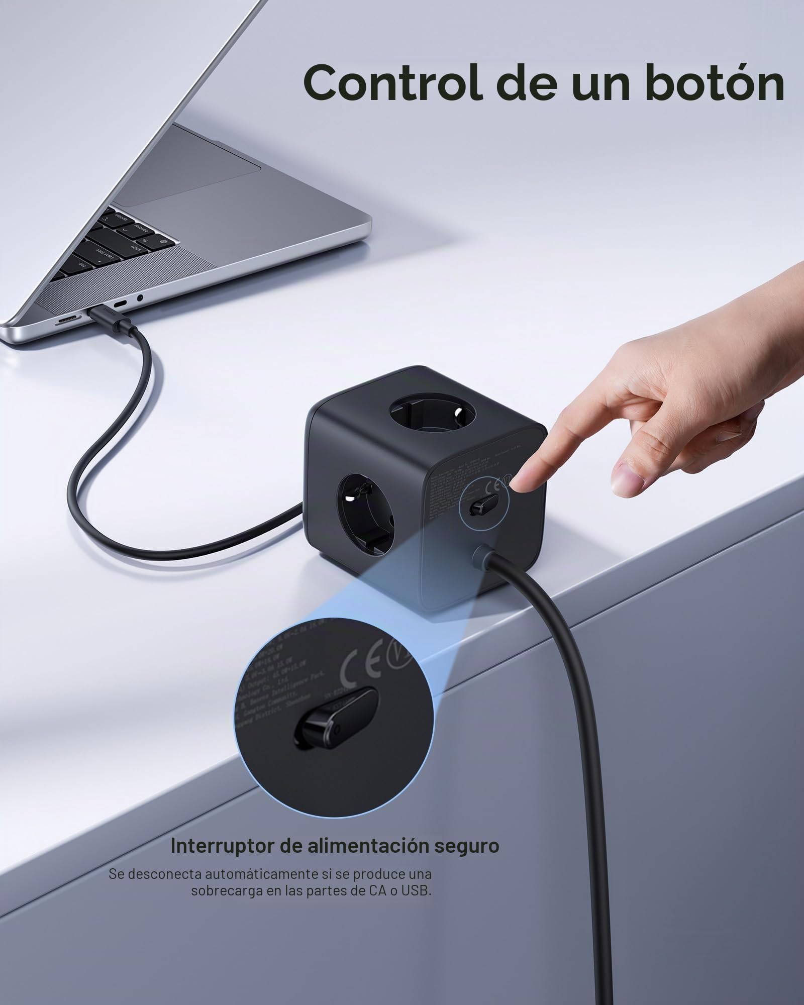 Baseus Cubo 67W, Regleta USB-C GaN6 3-enchufes con interruptor, cargador PD para MacBook, iPad, iPhone 16/15, Galaxy S25 Ultra, hogar, oficina, viajes