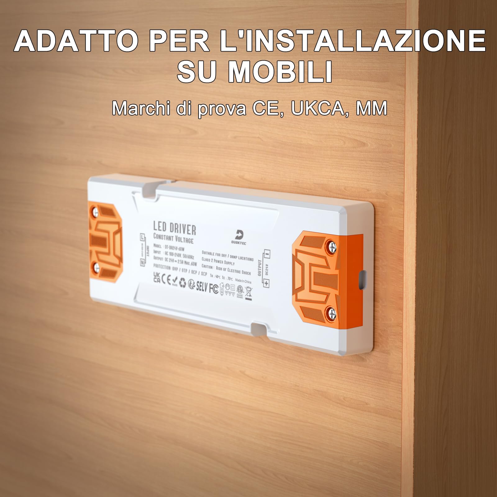 DUSKTEC Alimentatore 2,5A DC 24V per Striscia LED - Trasformatore 60W AC 220V a DC 24 Volt, Slim Driver a Bassa Tensione, IP44 Power Supply Tensione Costante per Luci Lampada Fari