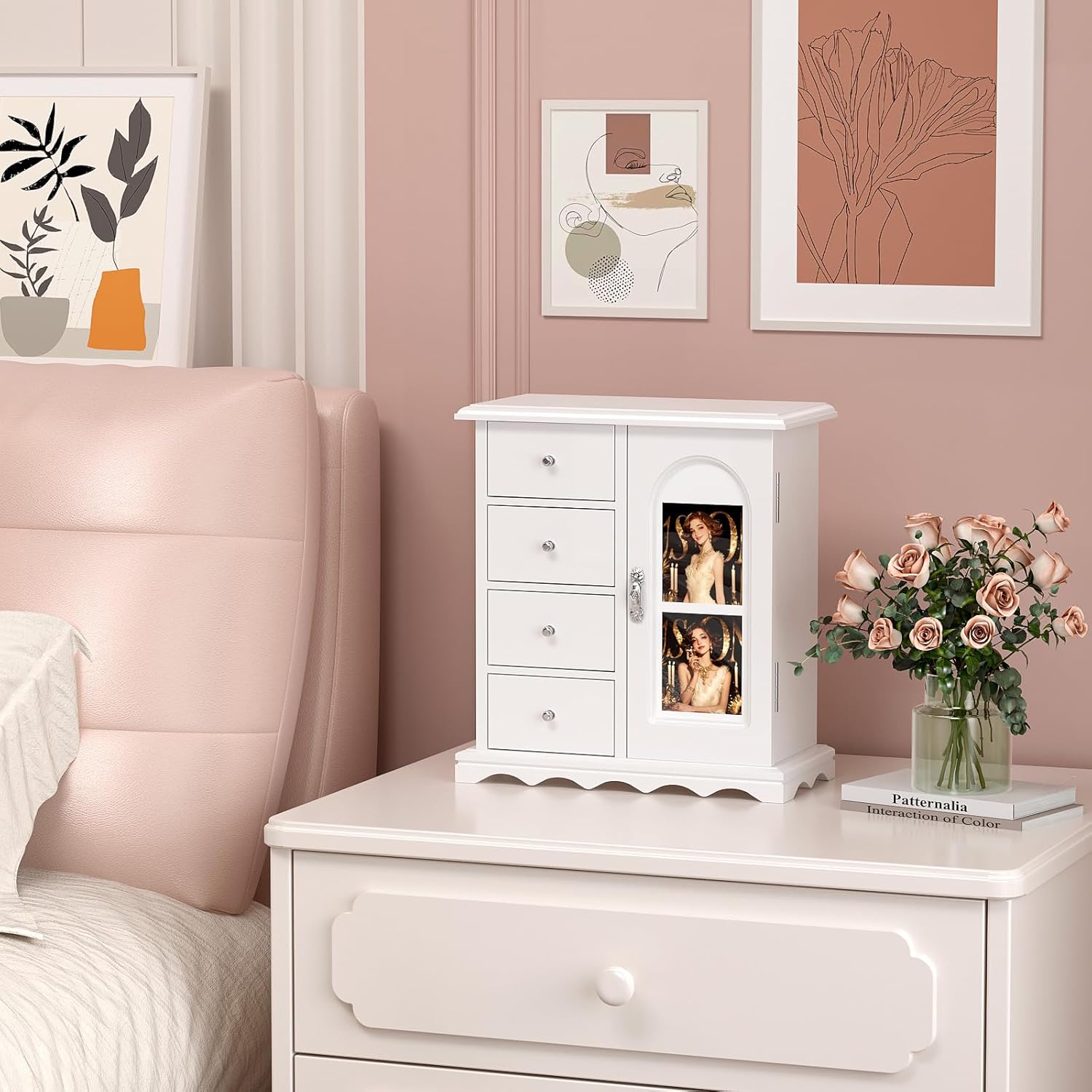 VINGLI Jewelry Box with Photo Frame, White Jewelry Organizer for Women, Arched Wooden Keepsake Case with 4 Drawers, Rotating Necklace Hooks & Velvet Lining, Vintage Gift for Girls Bedroom - Image 4