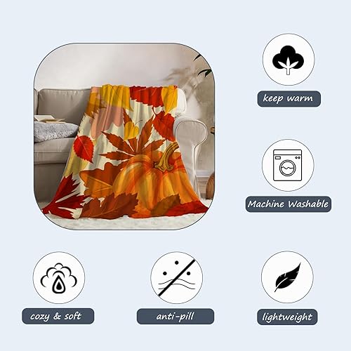 Miniatura 5 de Neatee Living Manta decorativa de otoño tamaño individual, manta naranja de Acción de Gracias con hojas de calabaza para sofá, cama, al aire libre,