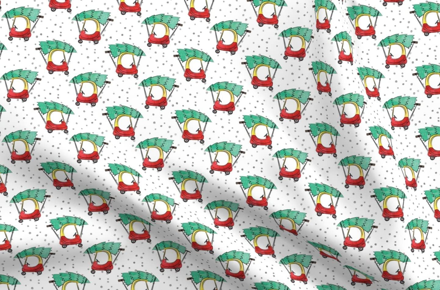Spoonflower Fabric - Kids Car Christmas Tree Watercolor Snow Children Holiday Fun Printed on Upholstery Velvet Fabric Fat Quarter - Upholstery Home Decor Bottomweight Apparel