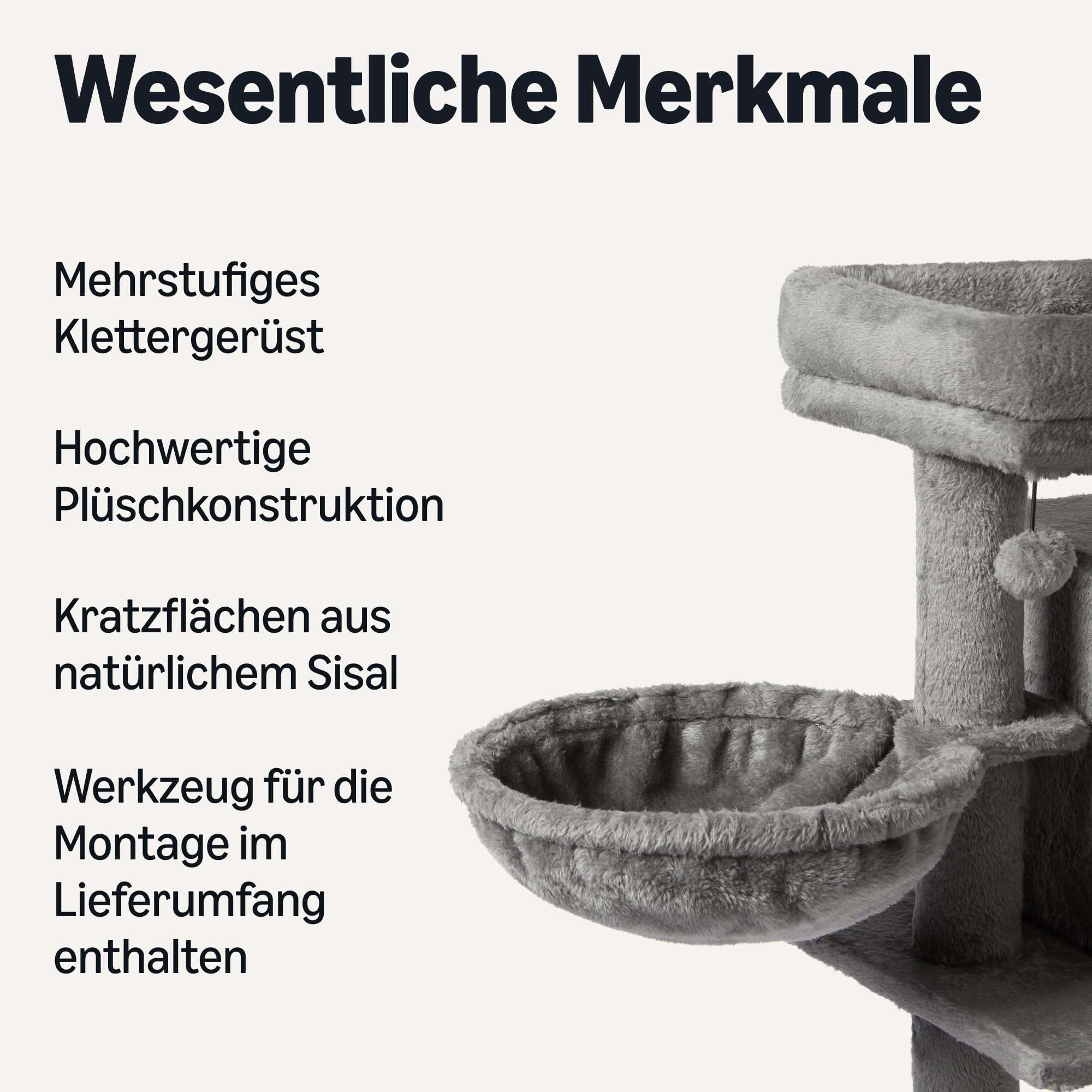 Amazon Basics Mehrstöckiger Kratzbaum für Katzen mit 2 Katzenhäuschen, Hängematte, Sisalrampe, Hängeball, FSC-Zertifiziert, 76,2 cm Höhe, Grau