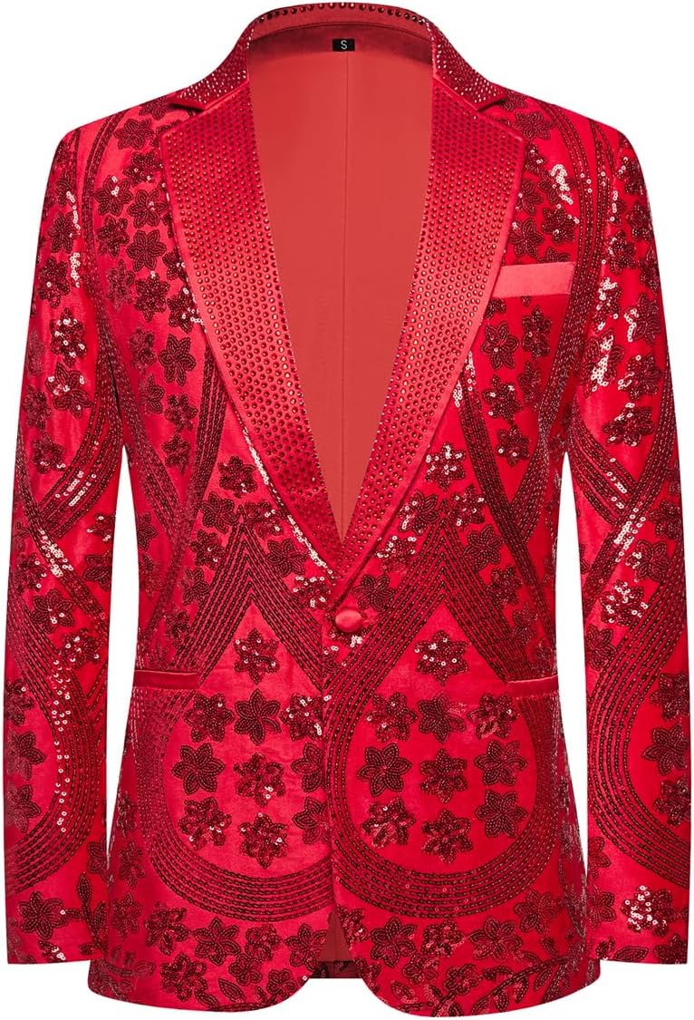 Men's Embroidered Sequin Floral Pattern Blazer Jacket with Rhinestone Notched Collar for Wedding Party Prom