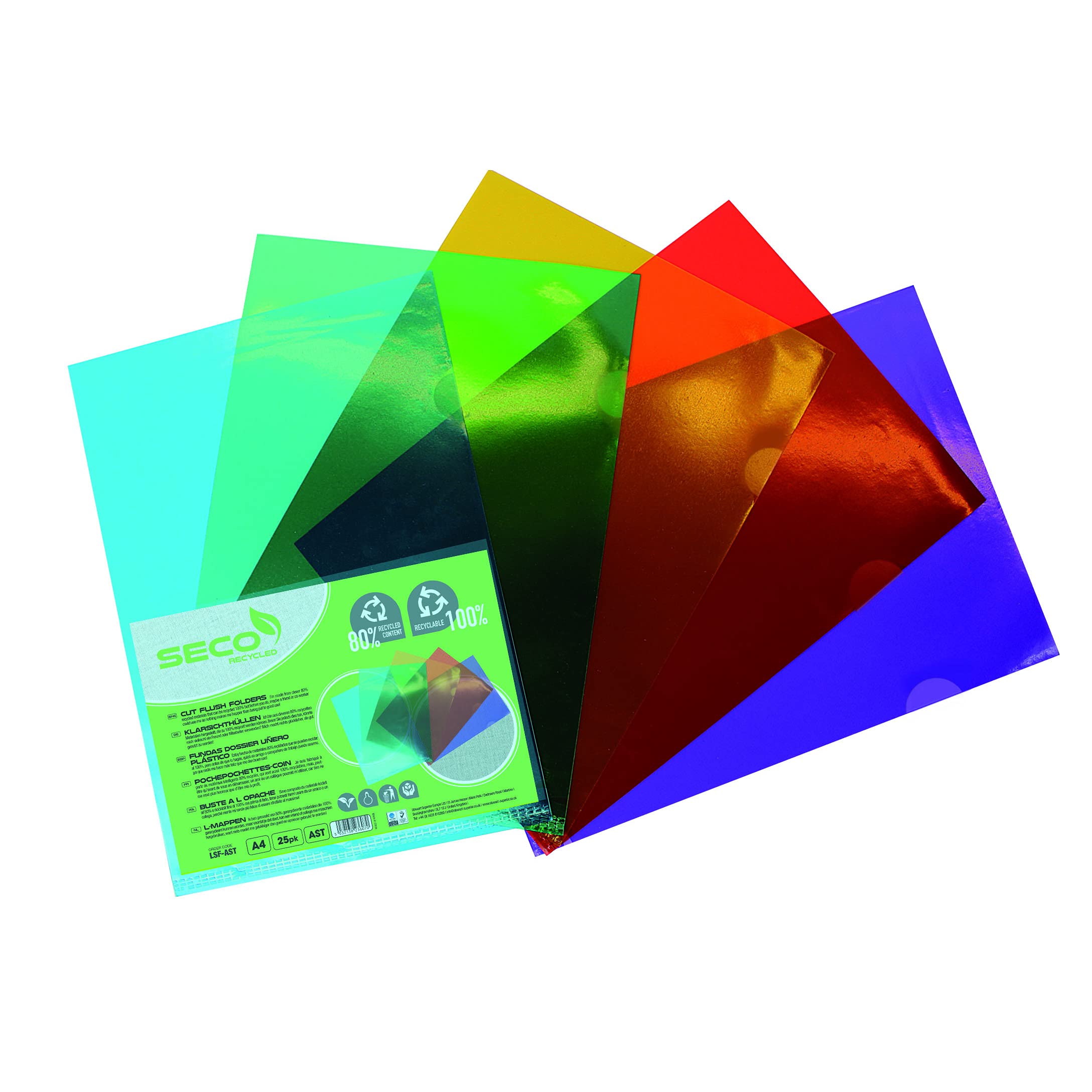 Seco A4 Recycled Cut Flush Folder - Assorted Colours - (Pack of 25)
