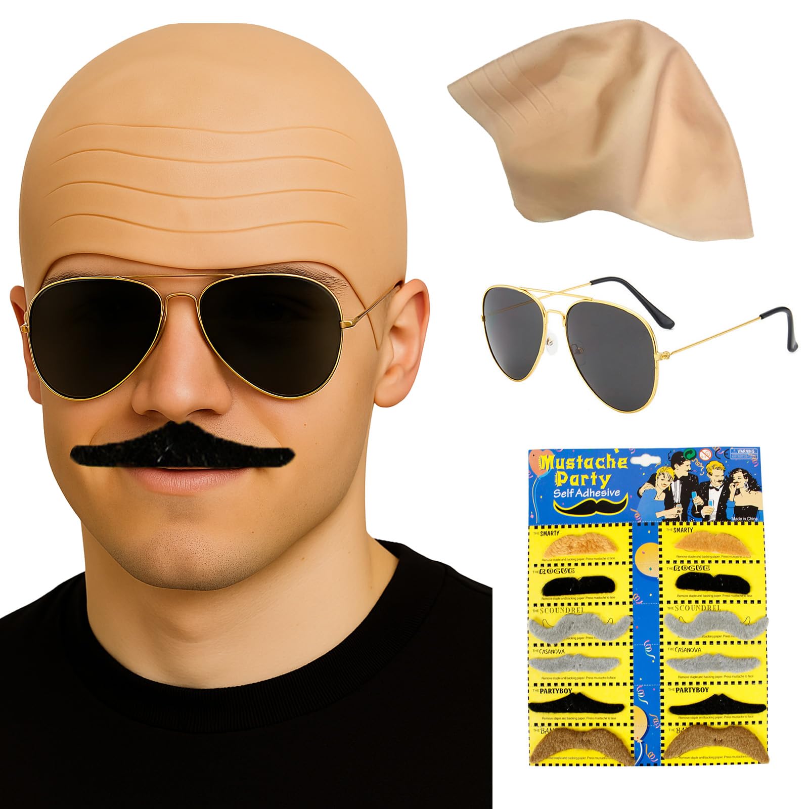 MUNSKT Latex Bald Hat, Unisex Makeup Accessories, Realistic Thick Skin Bald Wig Cap with Sunglasses Moustache, Fancy Dress Role-Playing Cosplay Costume for Halloween Carnival