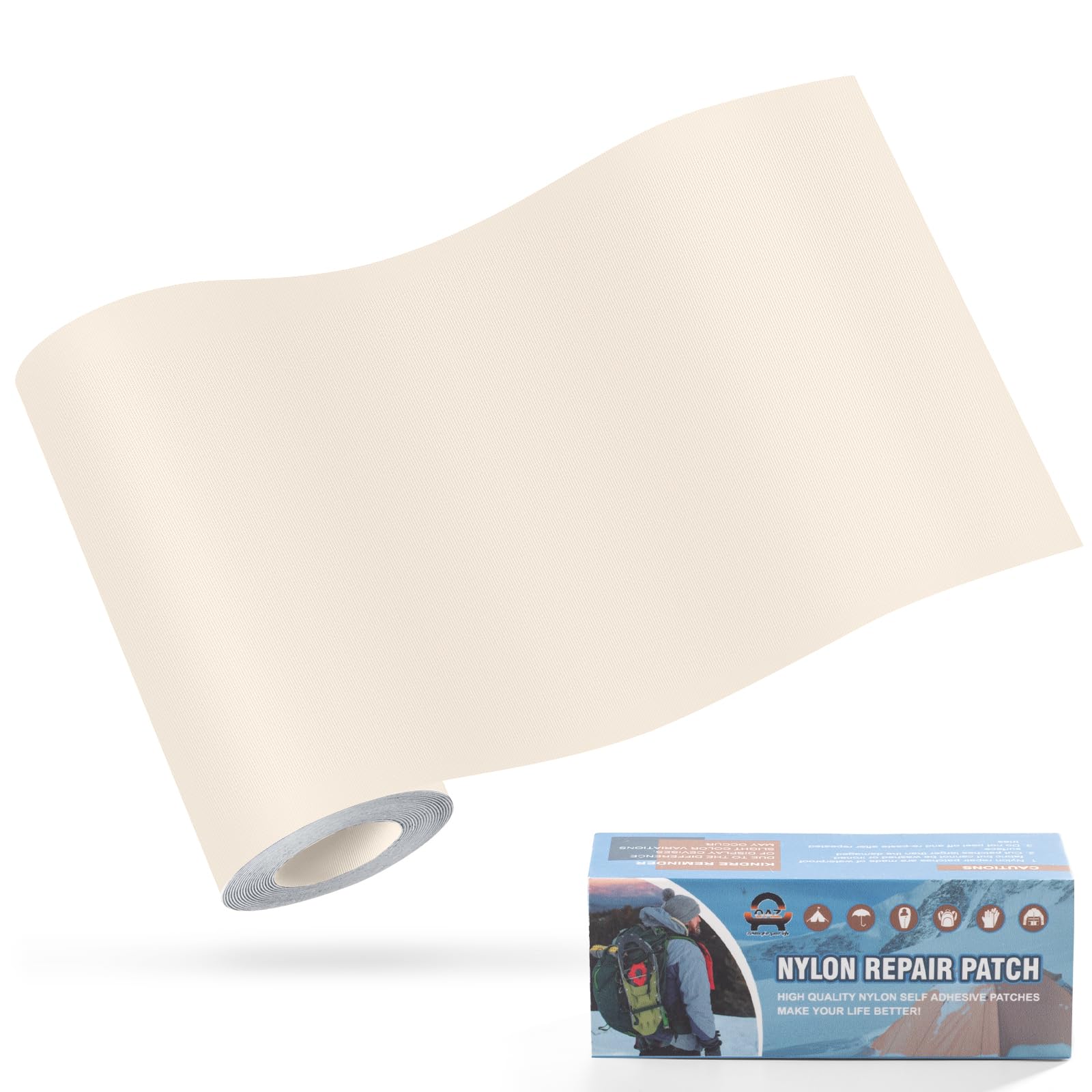 OAZ 10x160 cm Nylon Repair Patches Nylon Fabric Patch Self-Adhesive Tent Repair Patch Kit Waterproof Lightweight Nylon Repair Tape for Clothing Down Jacket Sleeping Bag Beige White — image 1