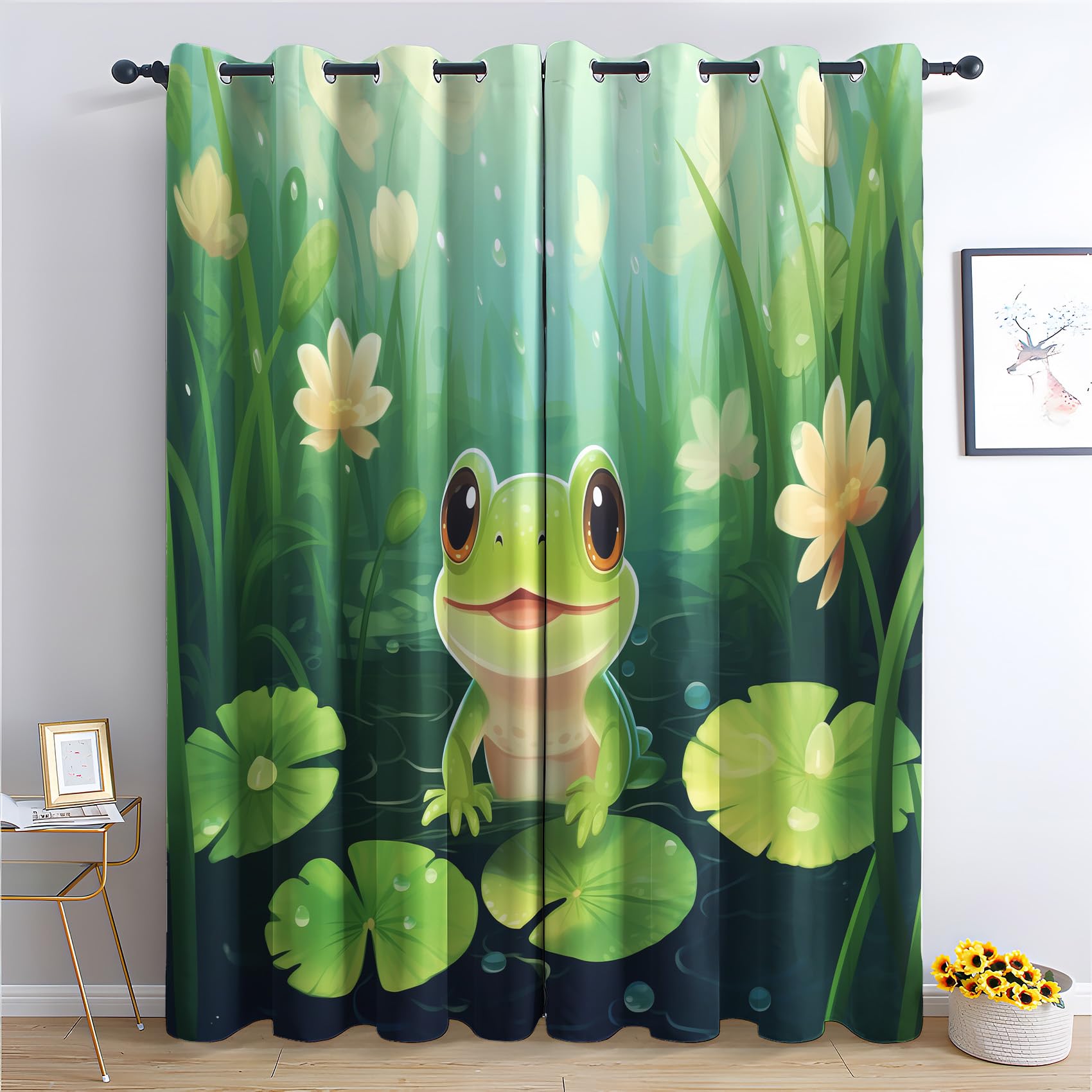 Luxfieo Frosch Vorhänge Kinder Süße Cartoon Tiere Vorhang Blickdicht Gardinen Verdunklungsvorhänge mit Ösen Thermovorhang für Wohnzimmer Schlafzimmer Fenster Deko 2er Set H 200 x B 140 cm T#217
