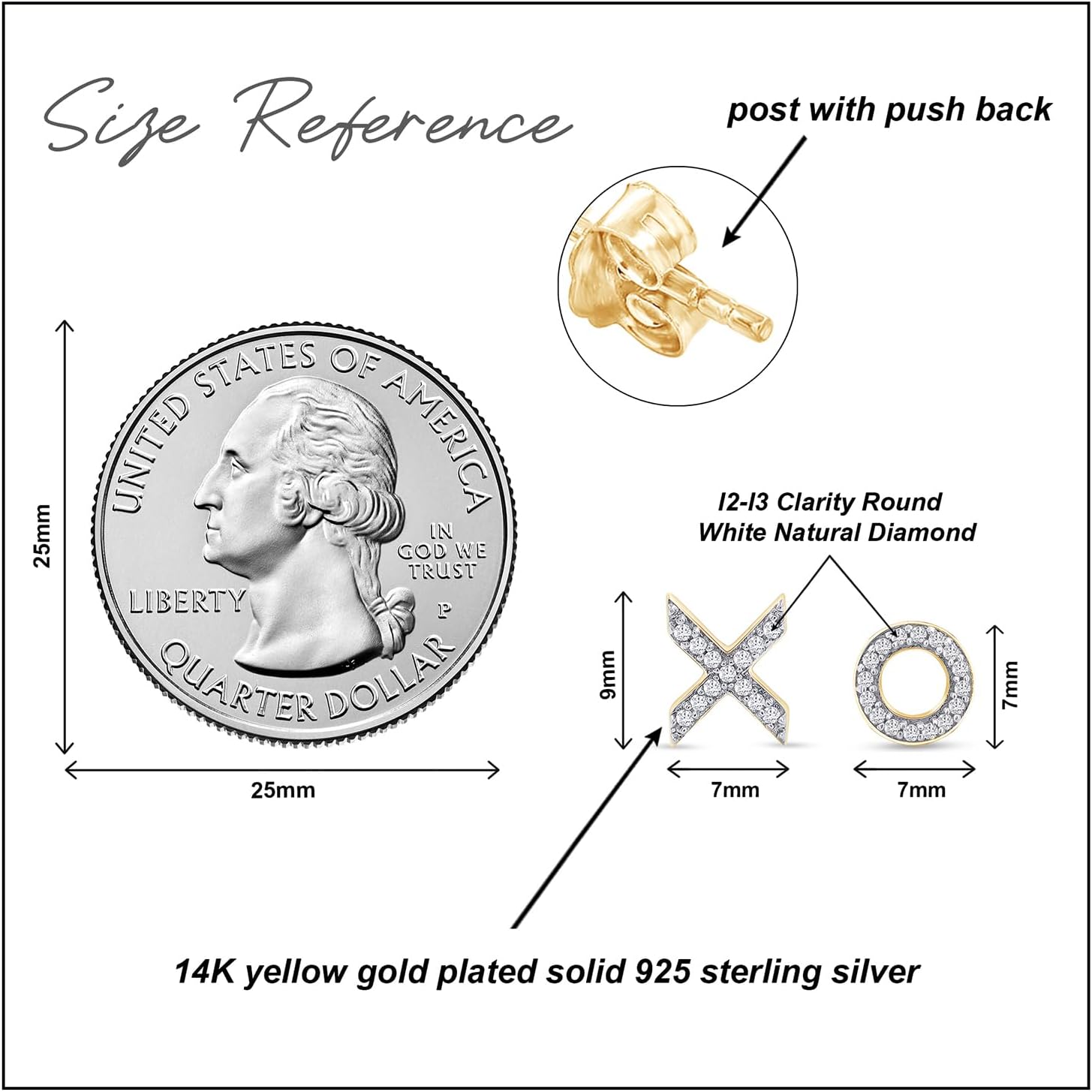 XO Stud Earrings for Women Round Natural Diamond Minimalist Mismatch Earrings With Push Back in 14k Gold Plated Sterling Silver Jewelry (0.05 Ct, Color I-J, Clarity I2-I3)