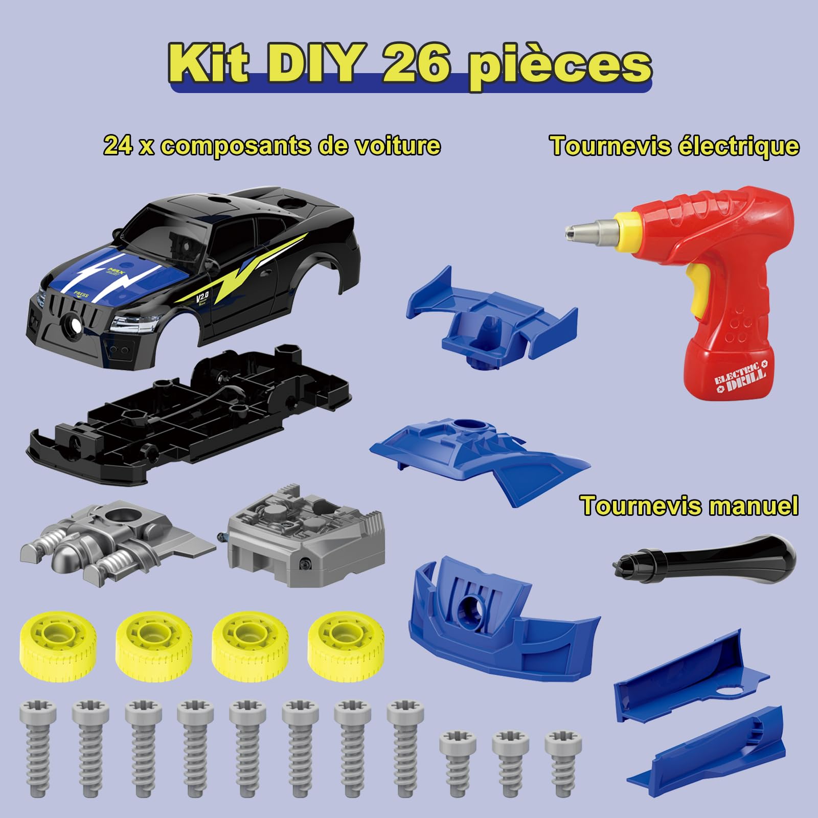 Pup Go Voiture Démontable pour Enfants 3+ Ans, Idee Cadeau de Noël, Jouet Éducatif 26 Pièces avec Perceuse Électrique, Voiture à Construire avec LED et Sons Réalistes (Bleu)