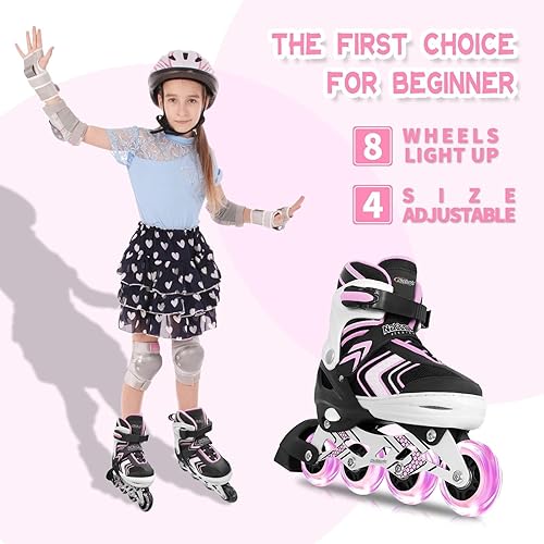 Miniatura 6 de Nattork Patines en línea para niñas y niños con ruedas de luz completa, cuchillas ajustables para principiantes para niños y jóvenes, morado, rosa,