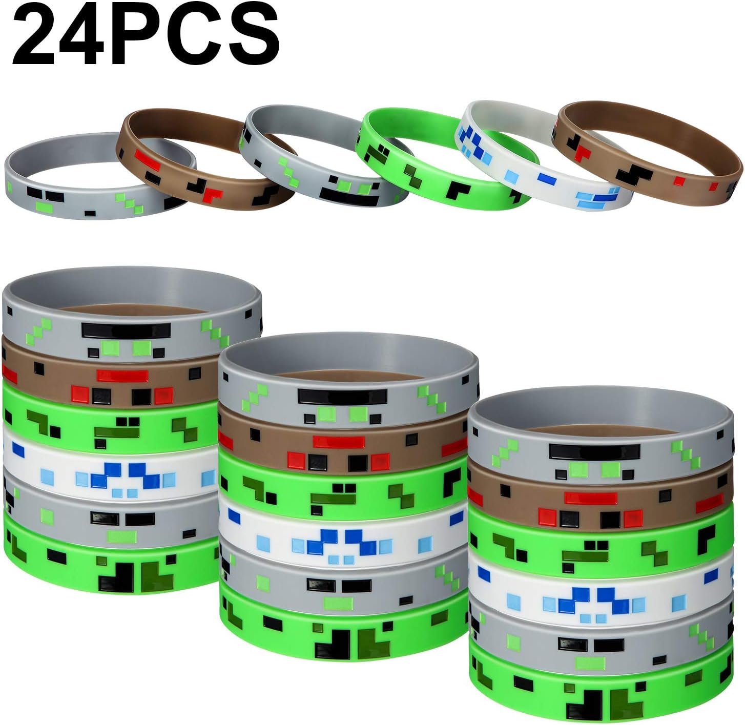 24 Pieces Pixelated Miner Crafting Style Character Wristband Bracelets Silicone Wristbands, Pixelated Theme Bracelet Designs for Mining Themed or Crafting Style Party Supplies (24 Pieces, Style 1)