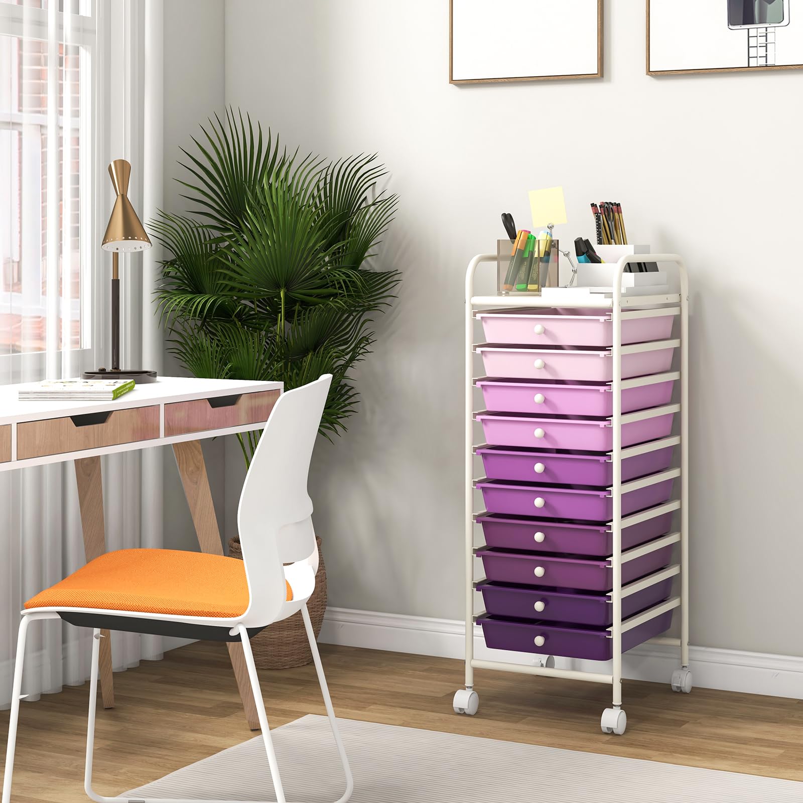 GOPLUS Carrito Auxiliar con 4 Ruedas, Carro de Servicios con 10 Cajones, 2 Ruedas con Frenos, Carro de Almacenamiento de Estructura Metálica para Cocina Oficina Baño (Violeta)