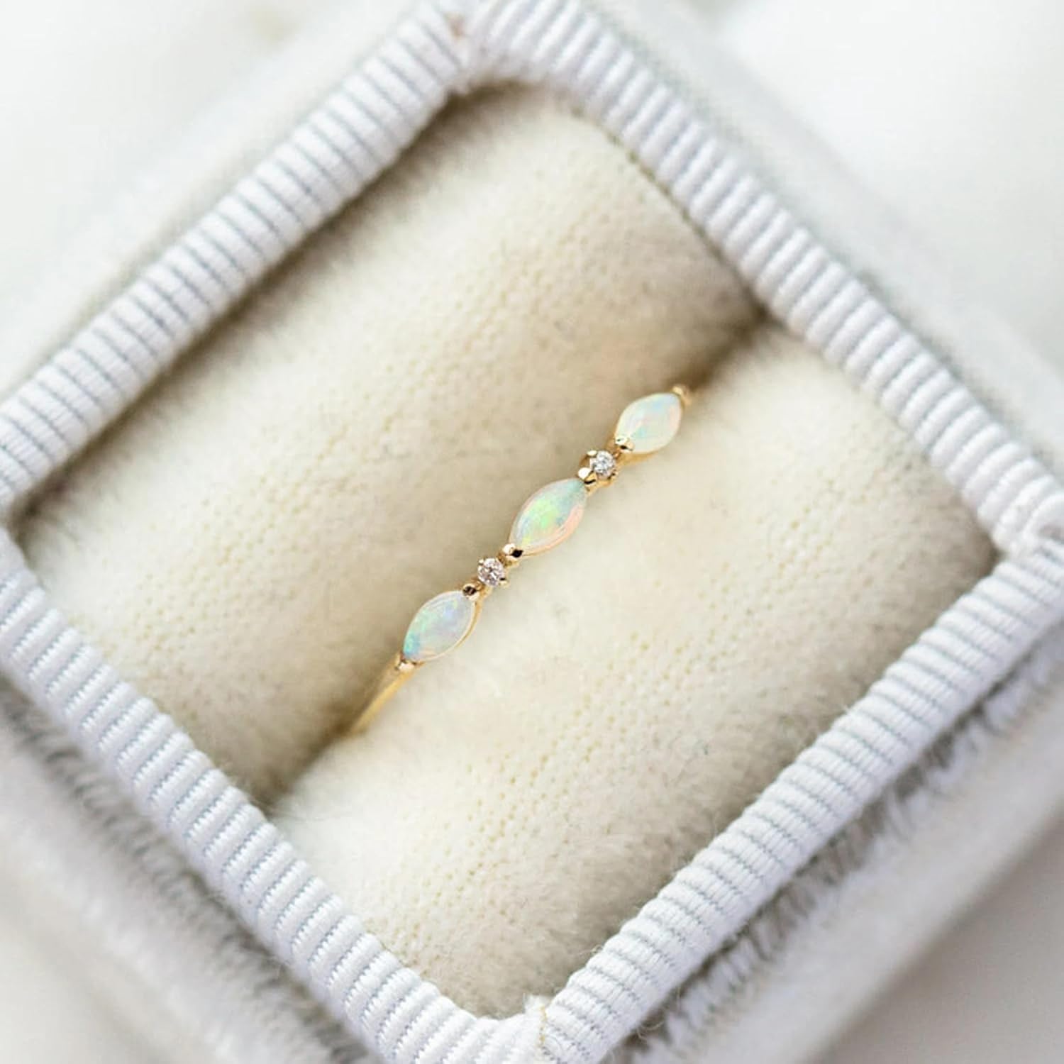 Opal Marquise & Round CZ Dainty Gold Plated Ring for Women – Delicate Stackable Band, Minimalist October Birthstone Anniversary Jewelry, Elegant Promise Gift