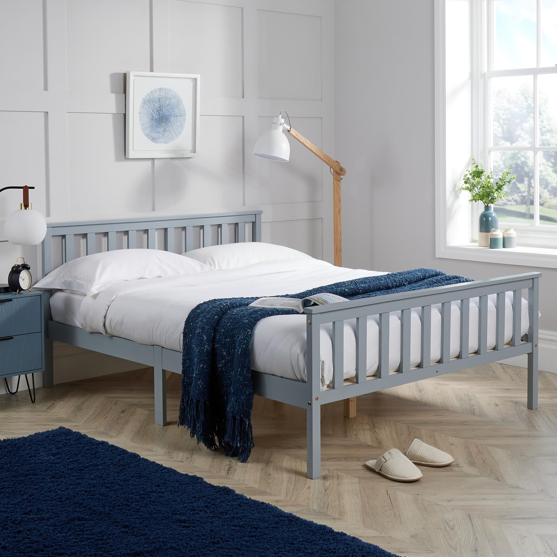 Home Source Florida Solid Wood Shaker Bed Frame, Natural Wood, Grey, 4ft Double