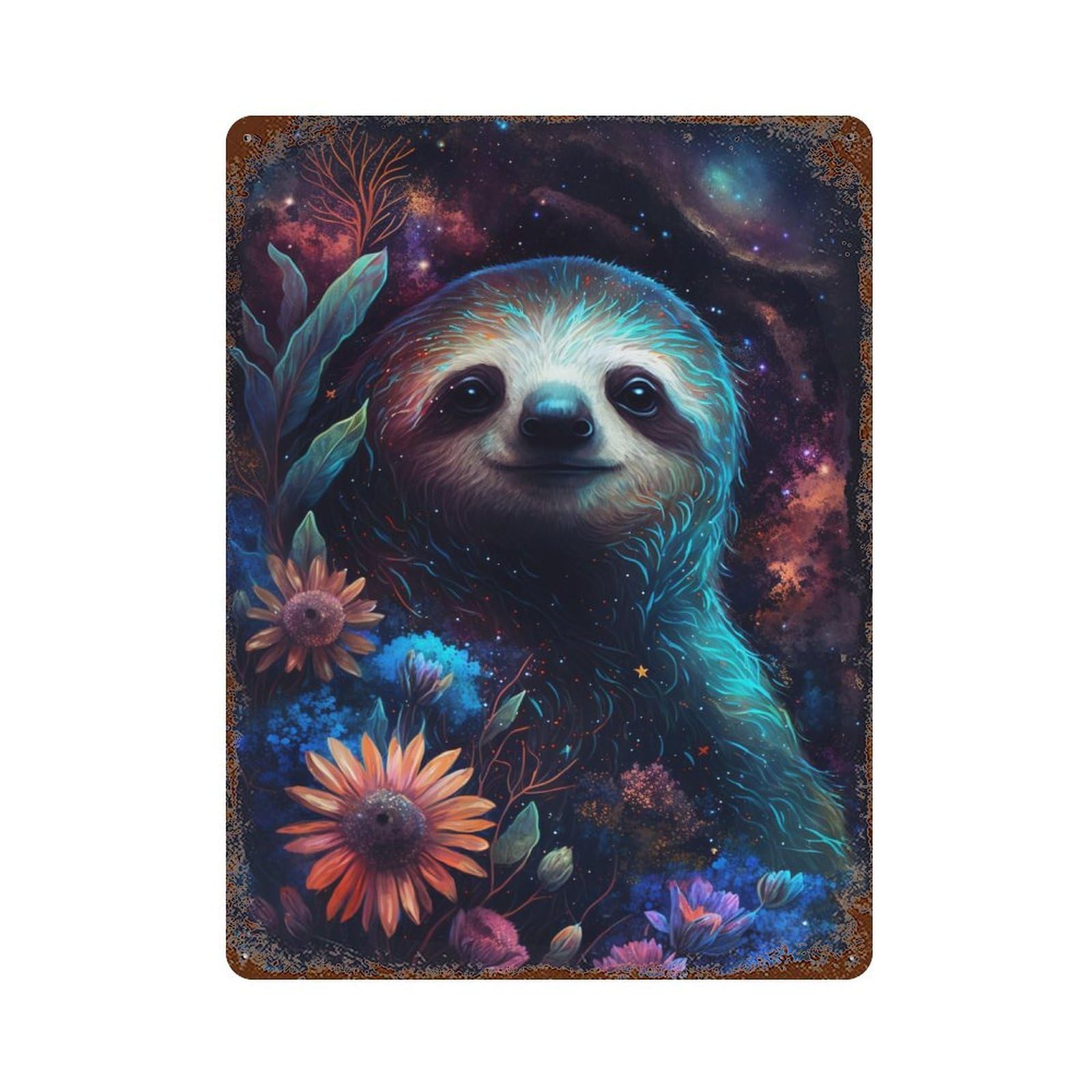 Cosmic Sloth with Flowers-1 Aged Metal Wall Plaque 15.7"x11.8", Ideal for Garage, Bar And Workshop Decor