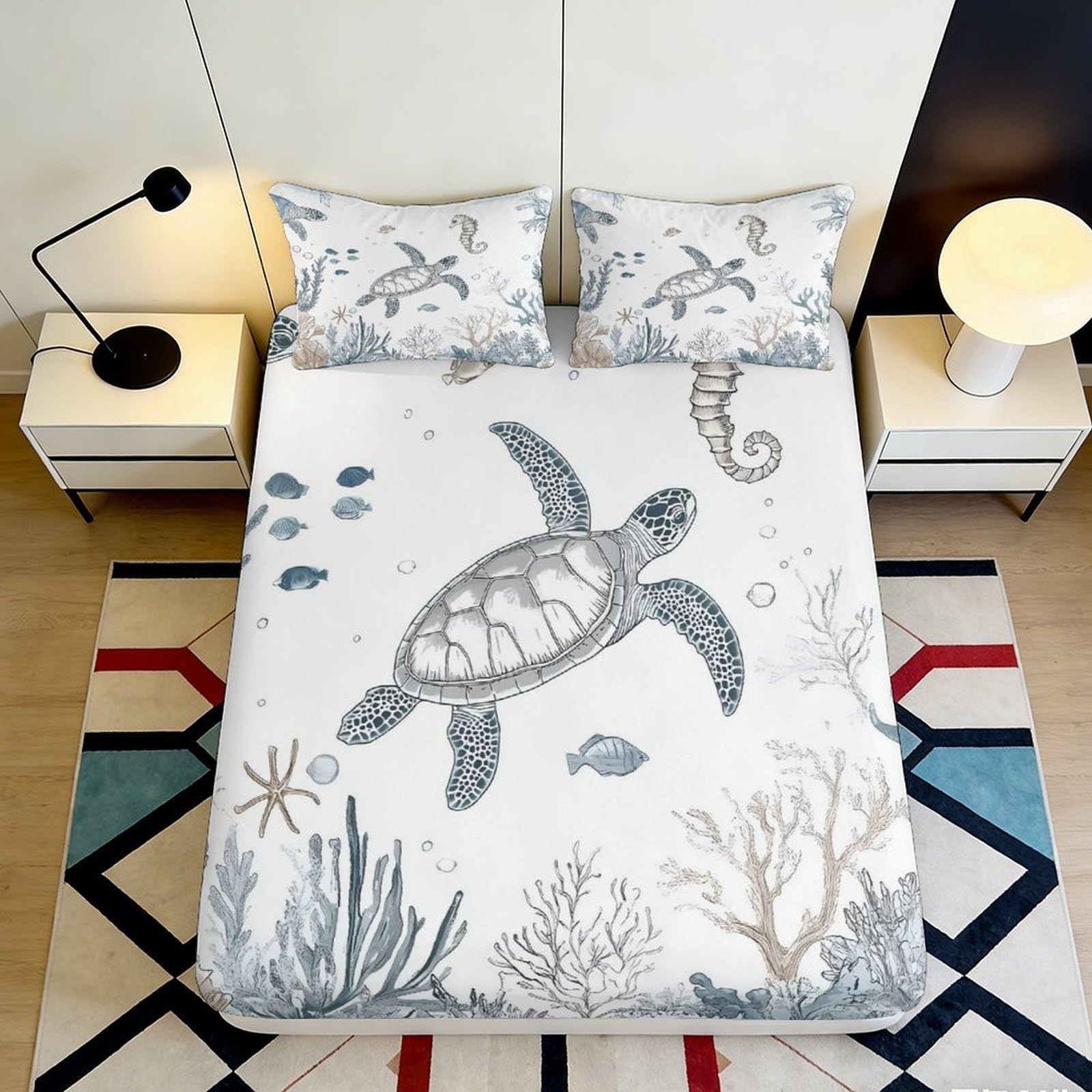 3D Printed Sea Turtle Fitted Sheet Microfiber Soft Breathable Ocean Coral Mattress Cover for Bedroom Dorm Decor 180x200x25cm
