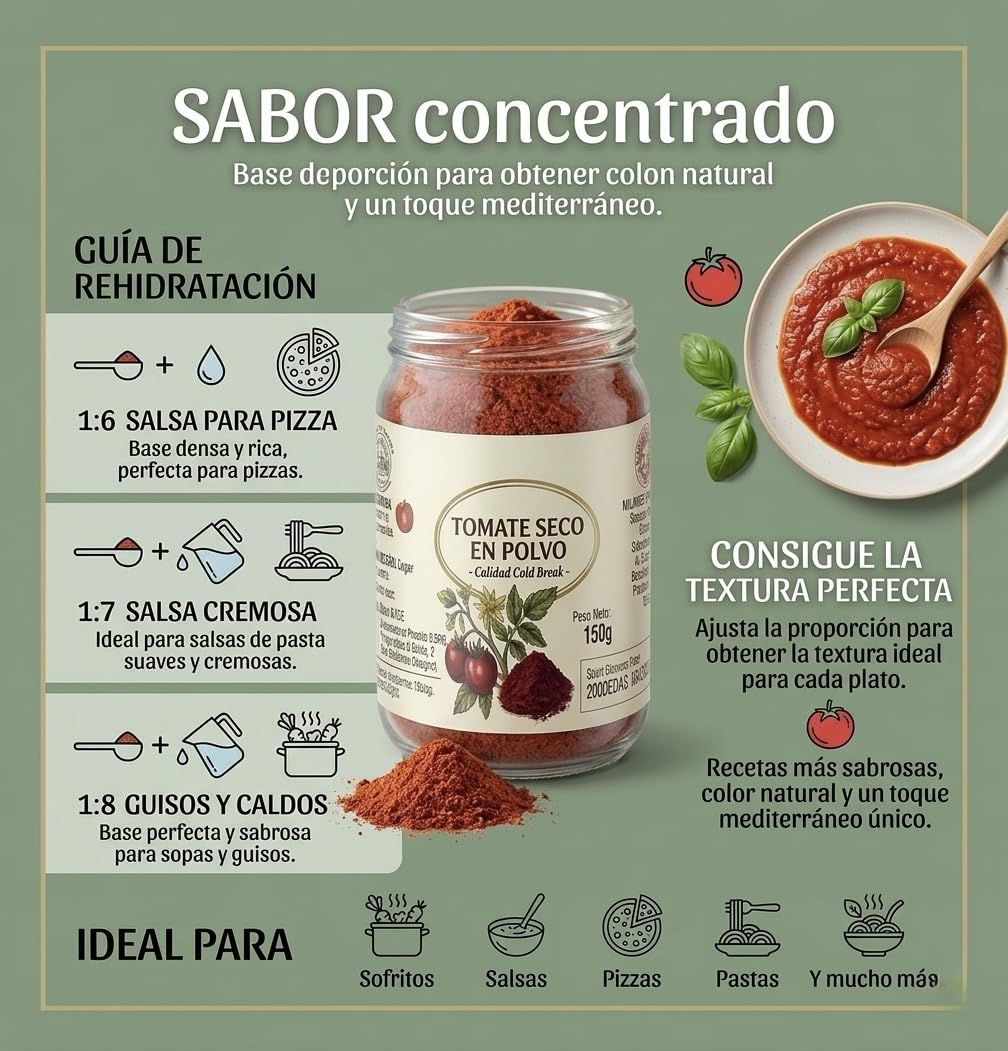 Tomate Seco en Polvo Premium (150g)-Molido Fino, Sabor Intenso y Natural- Ideal para Pasta, Sofritos y Pasta de Tomate Concentrada (1 bote 150g)